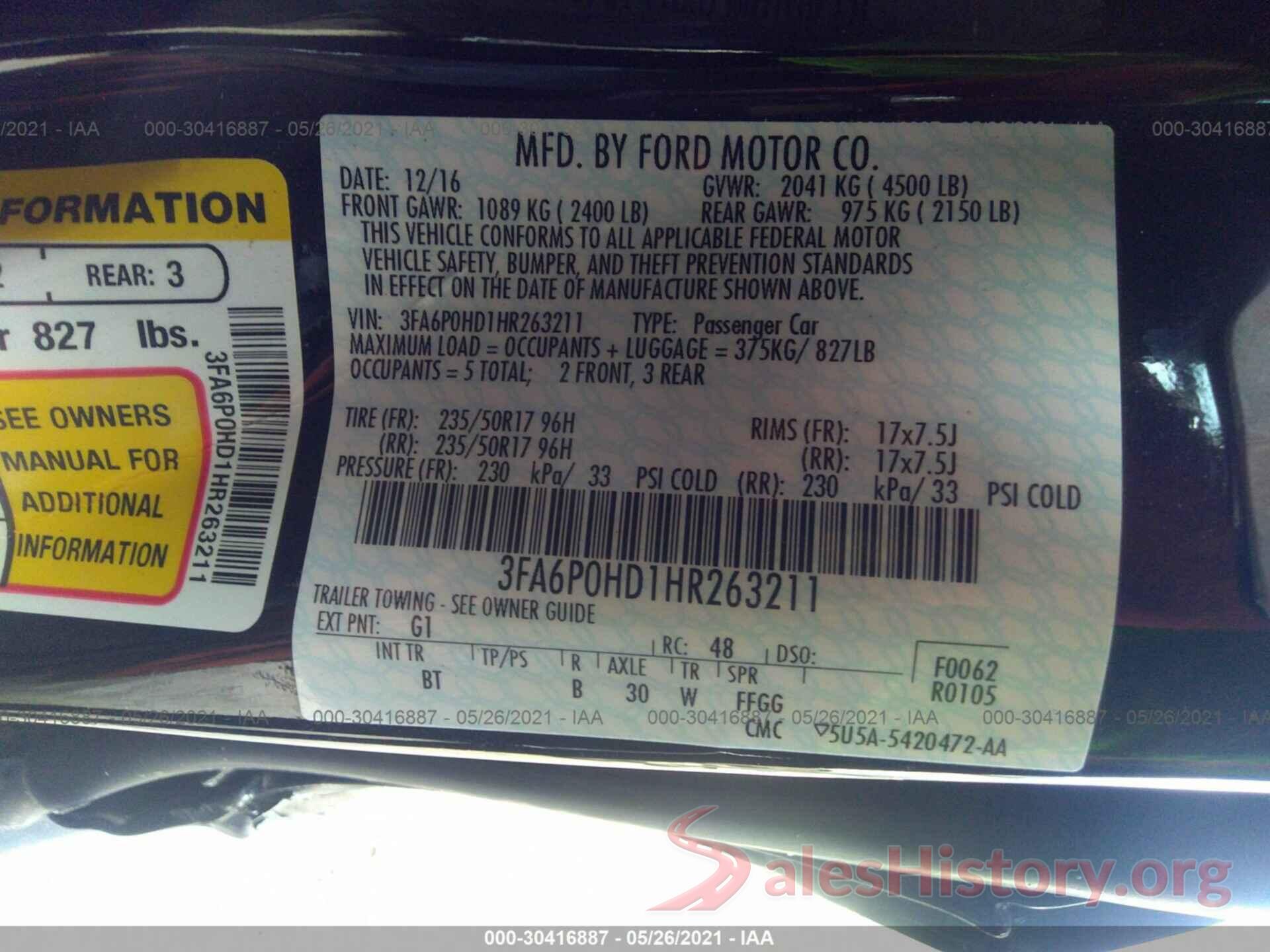 3FA6P0HD1HR263211 2017 FORD FUSION