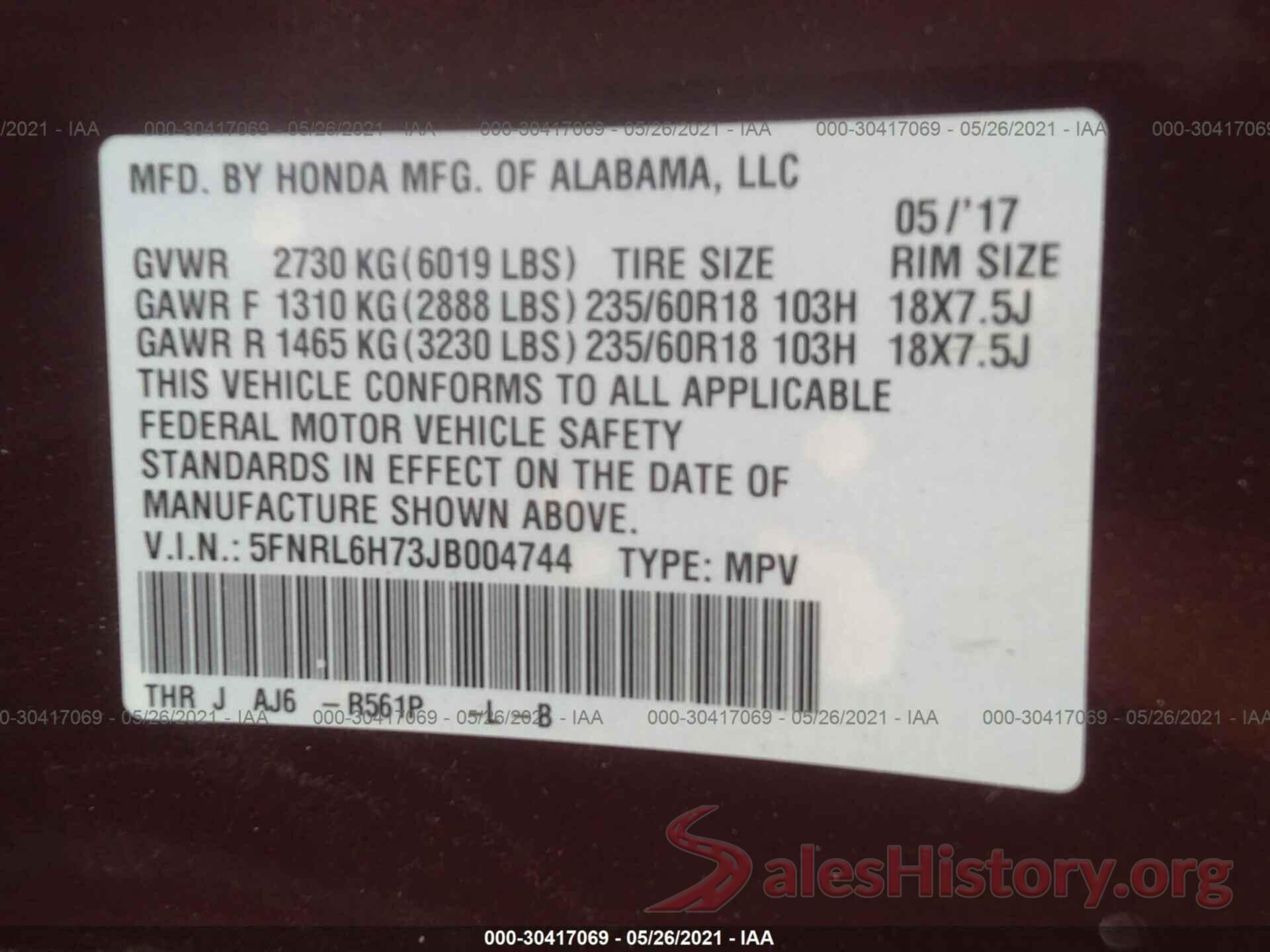 5FNRL6H73JB004744 2018 HONDA ODYSSEY