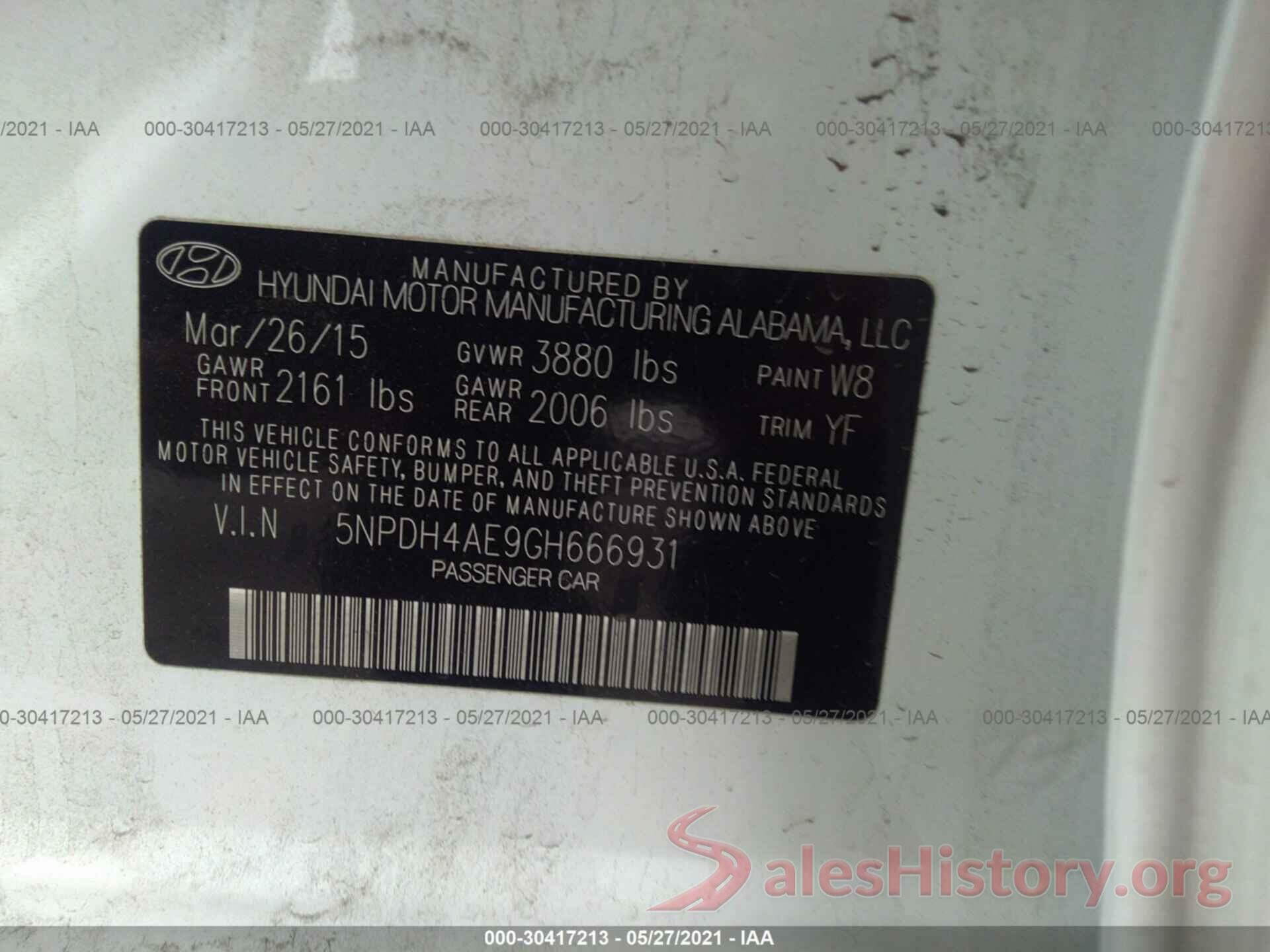 5NPDH4AE9GH666931 2016 HYUNDAI ELANTRA