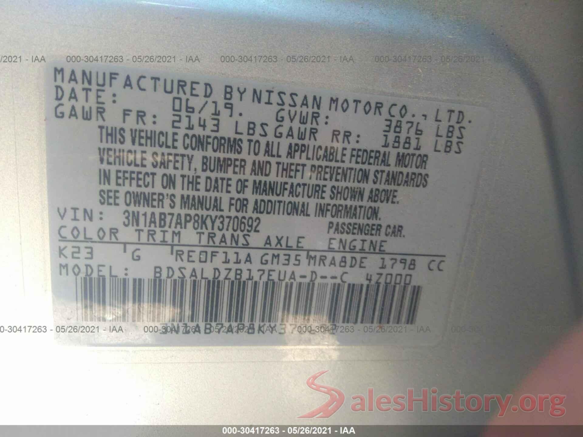 3N1AB7AP8KY370692 2019 NISSAN SENTRA