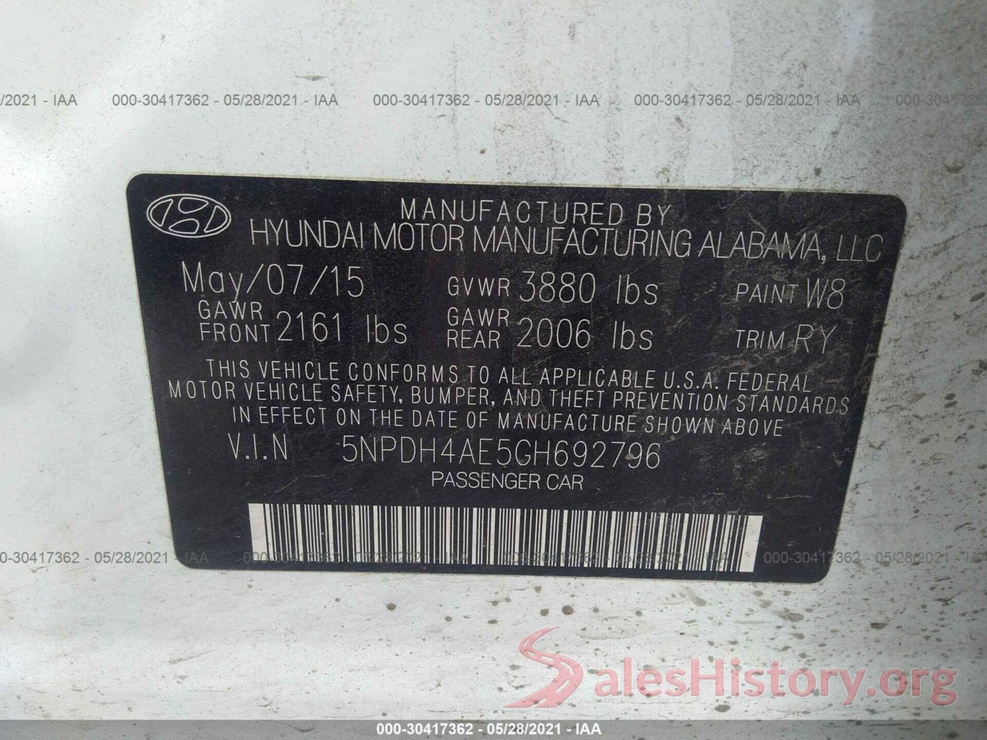 5NPDH4AE5GH692796 2016 HYUNDAI ELANTRA