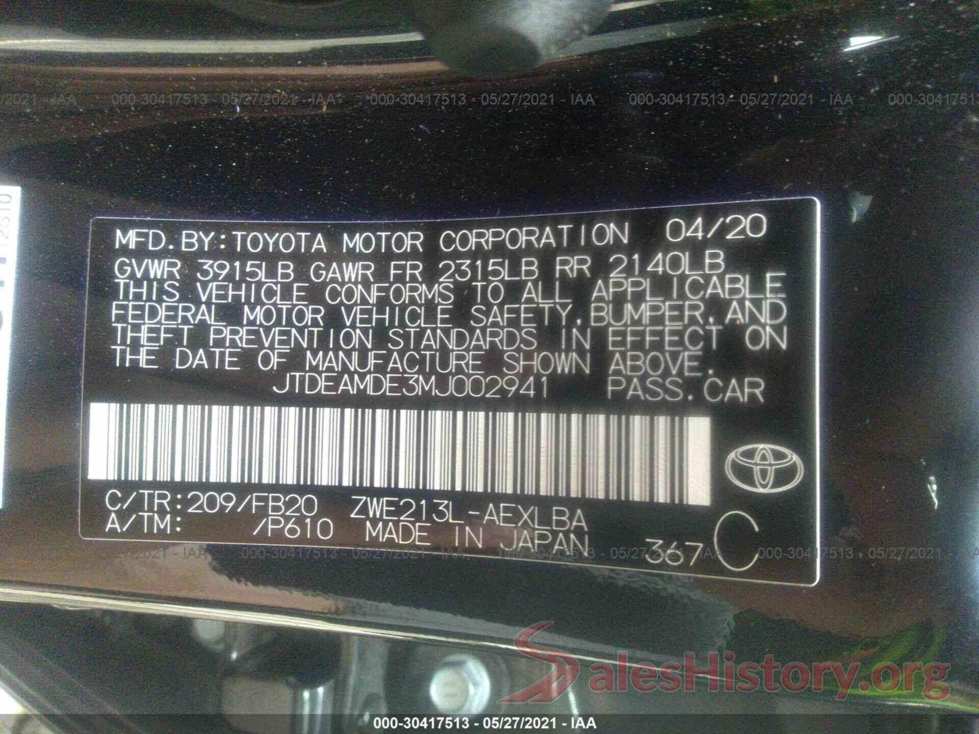 JTDEAMDE3MJ002941 2021 TOYOTA COROLLA