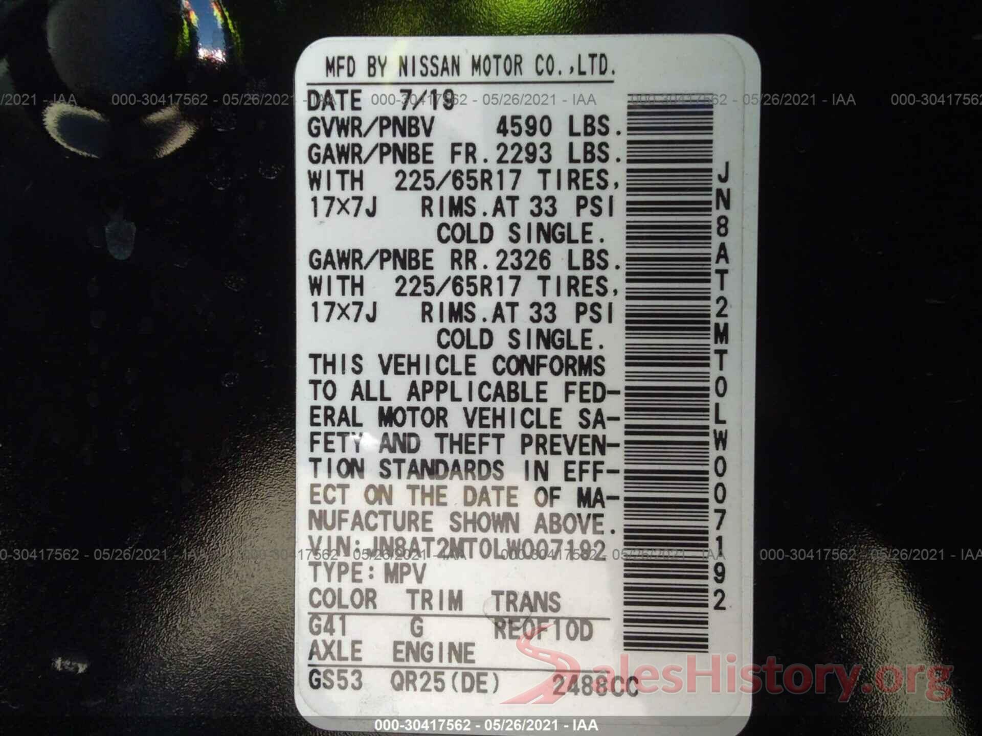 JN8AT2MT0LW007192 2020 NISSAN ROGUE