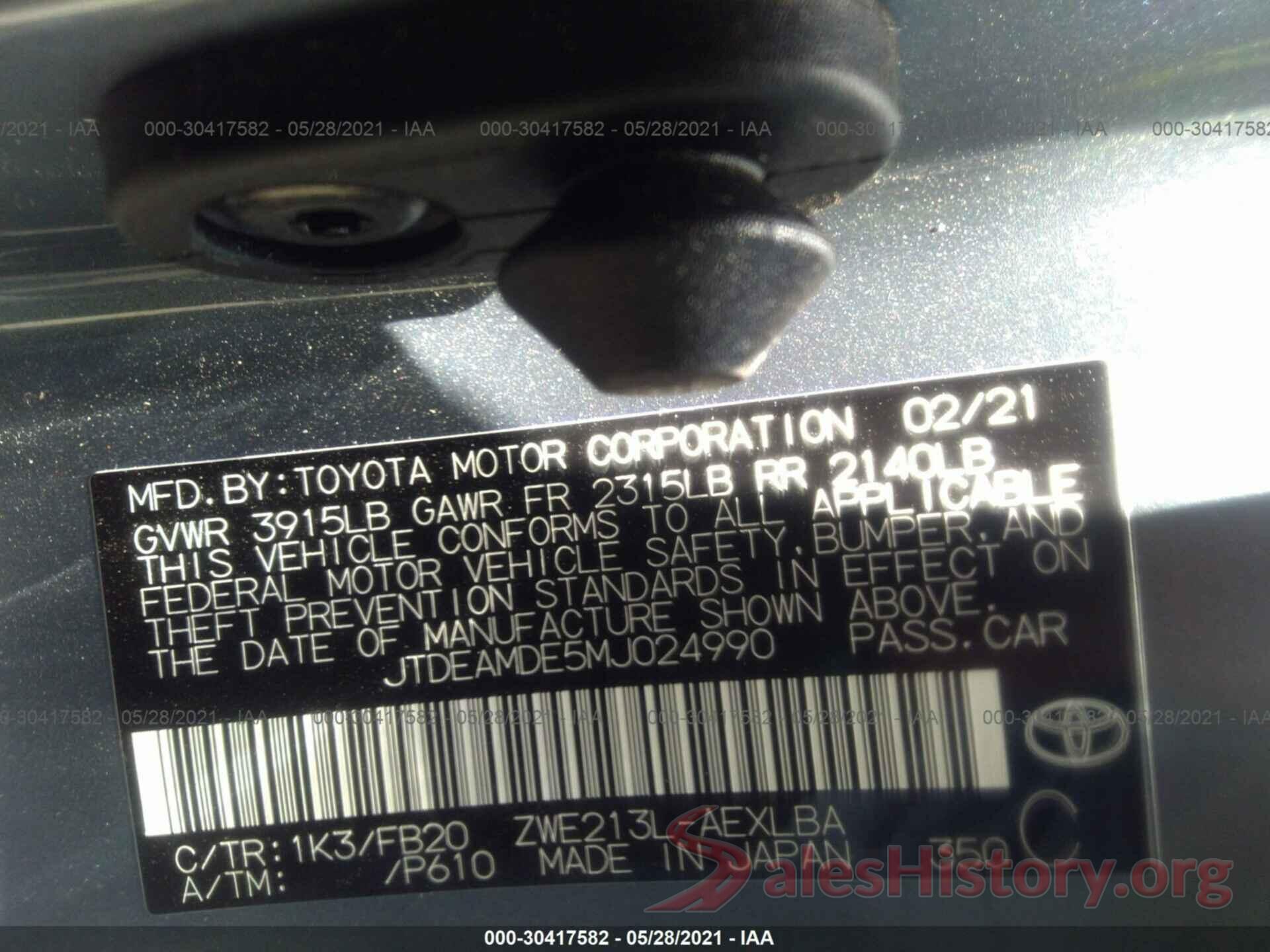 JTDEAMDE5MJ024990 2021 TOYOTA COROLLA