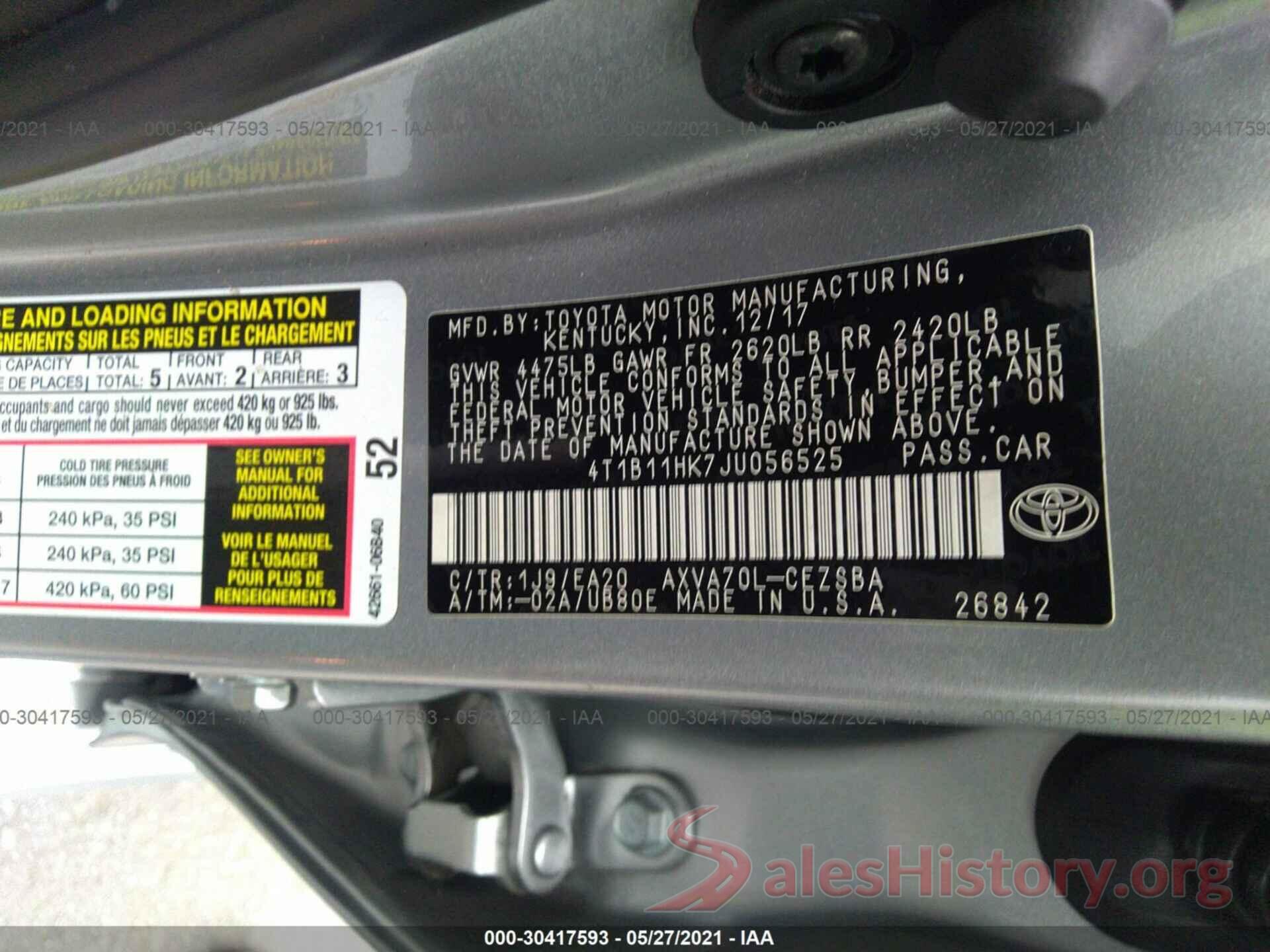 4T1B11HK7JU056525 2018 TOYOTA CAMRY