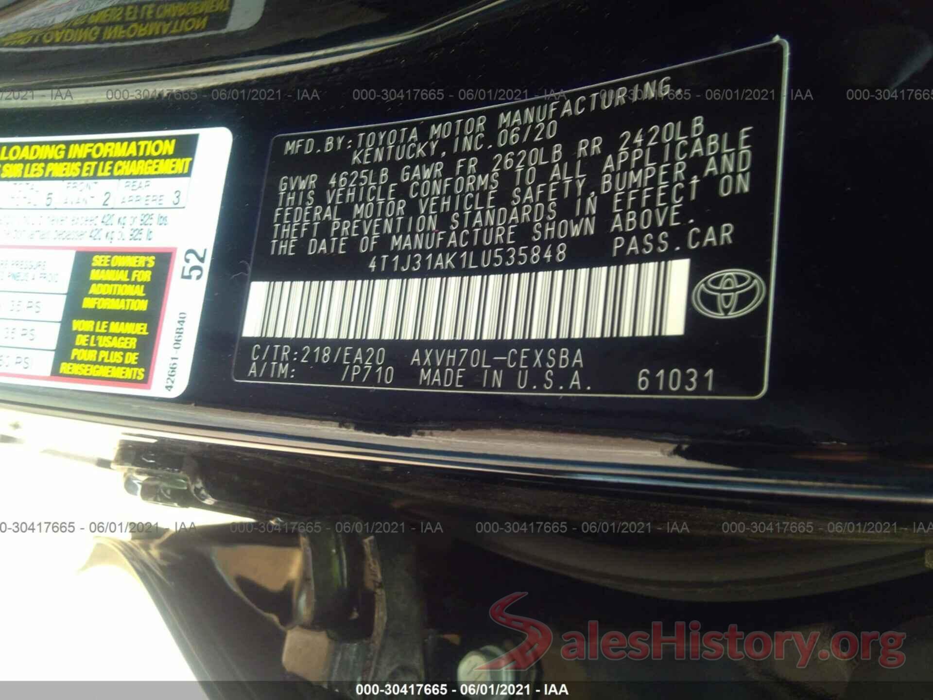 4T1J31AK1LU535848 2020 TOYOTA CAMRY