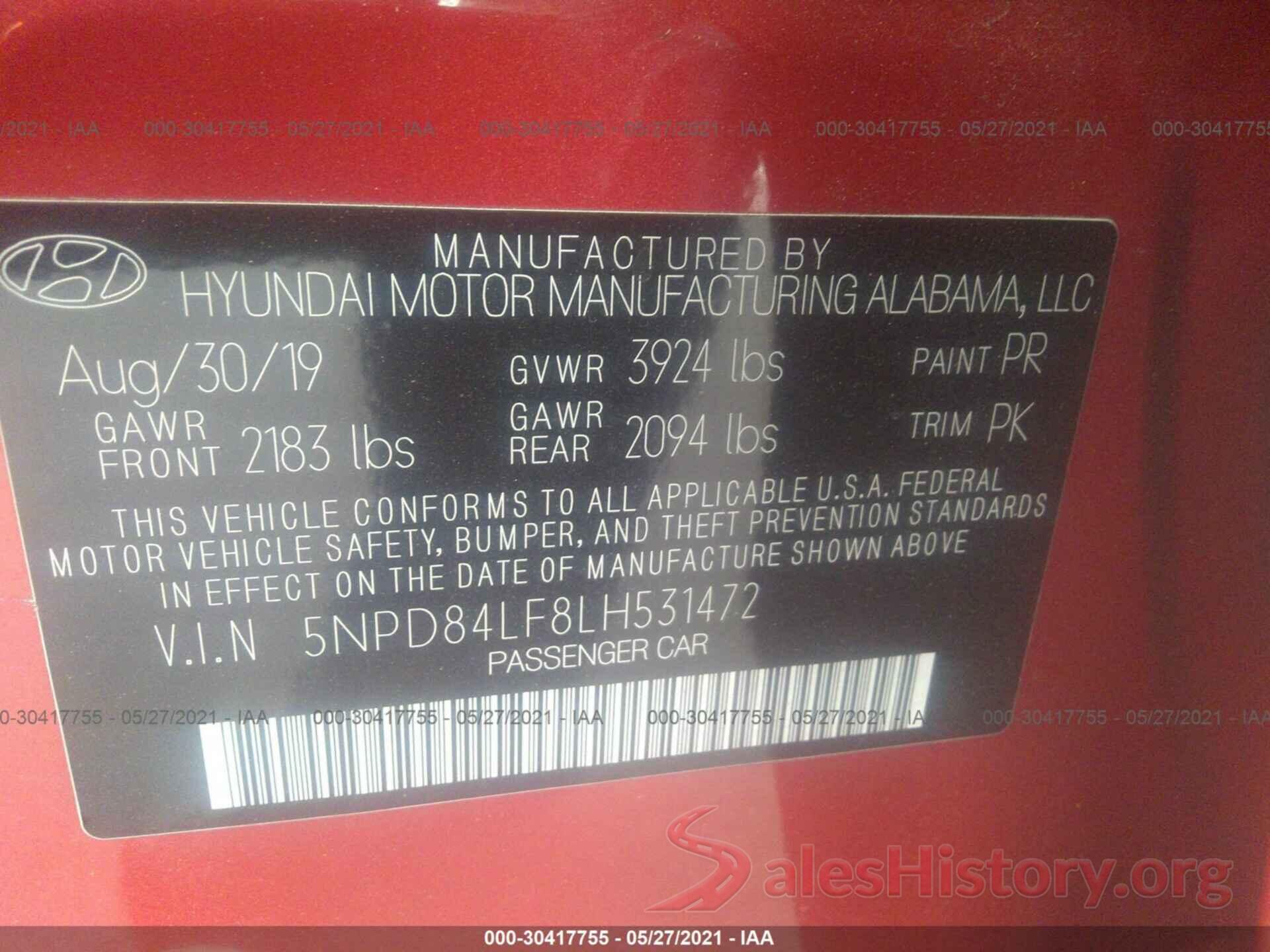 5NPD84LF8LH531472 2020 HYUNDAI ELANTRA