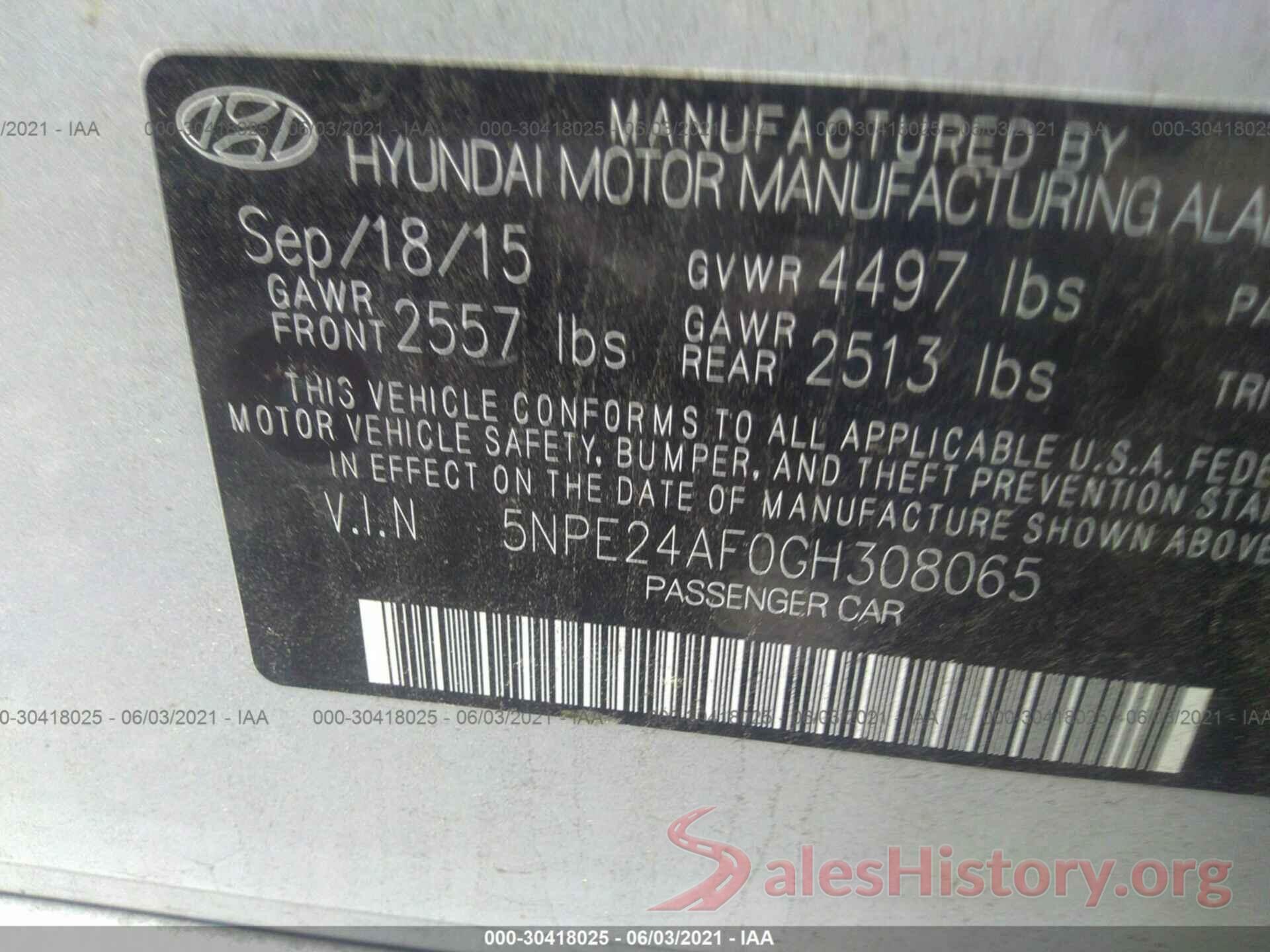 5NPE24AF0GH308065 2016 HYUNDAI SONATA