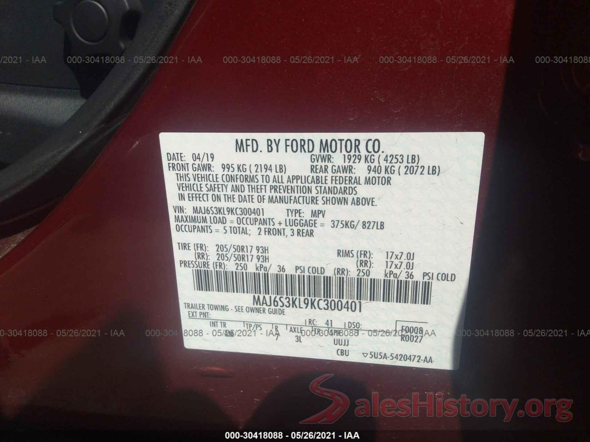 MAJ6S3KL9KC300401 2019 FORD ECOSPORT