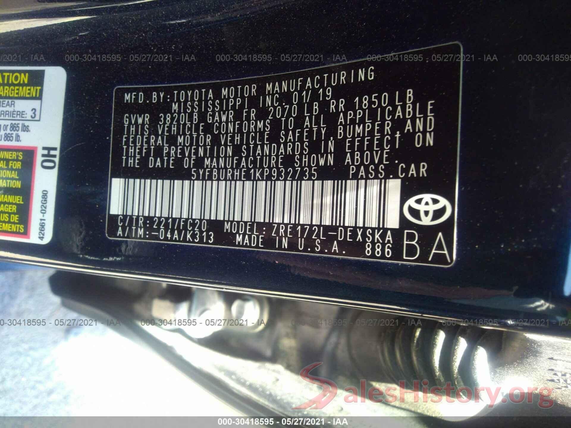 5YFBURHE1KP932735 2019 TOYOTA COROLLA