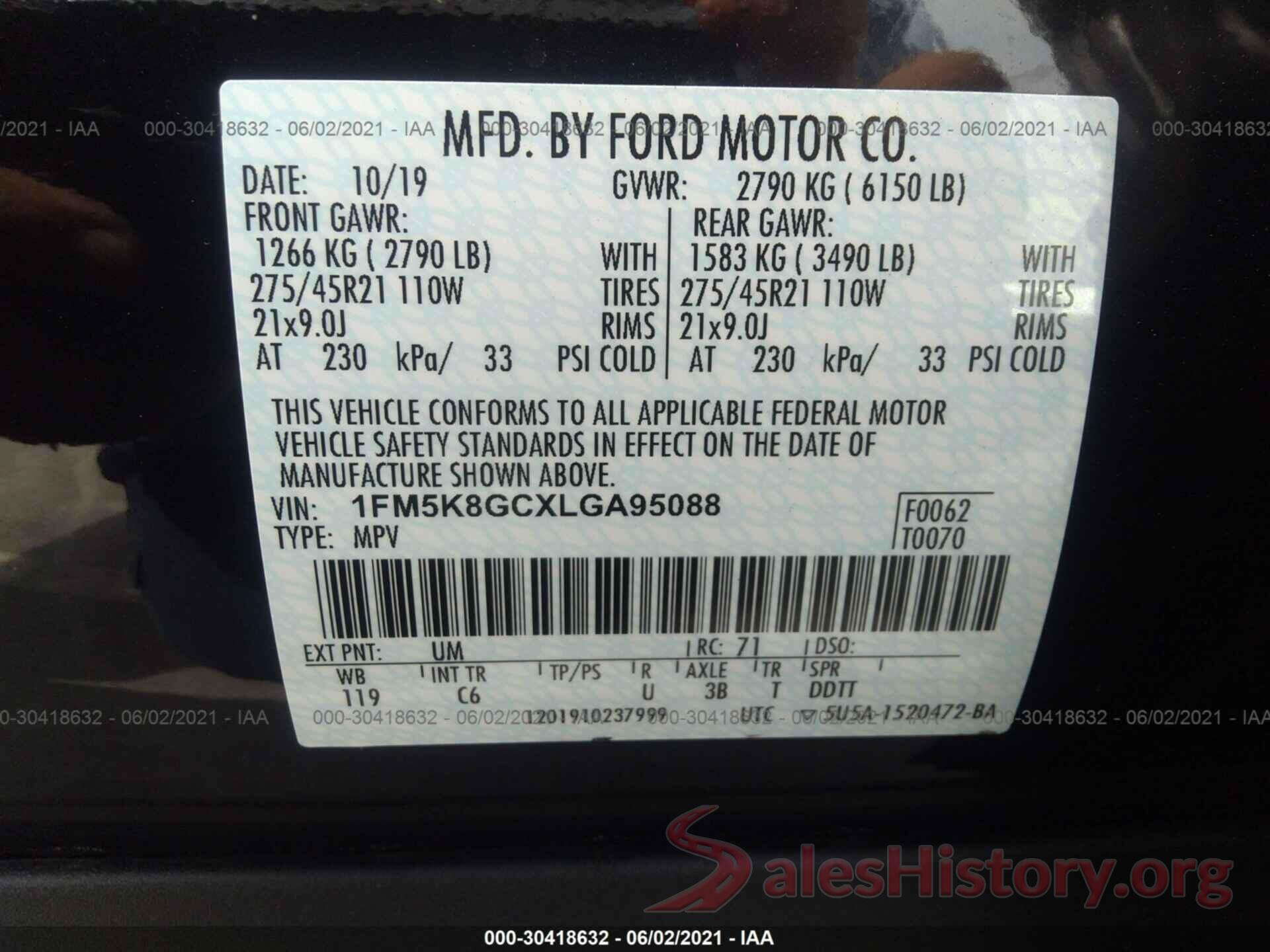 1FM5K8GCXLGA95088 2020 FORD EXPLORER