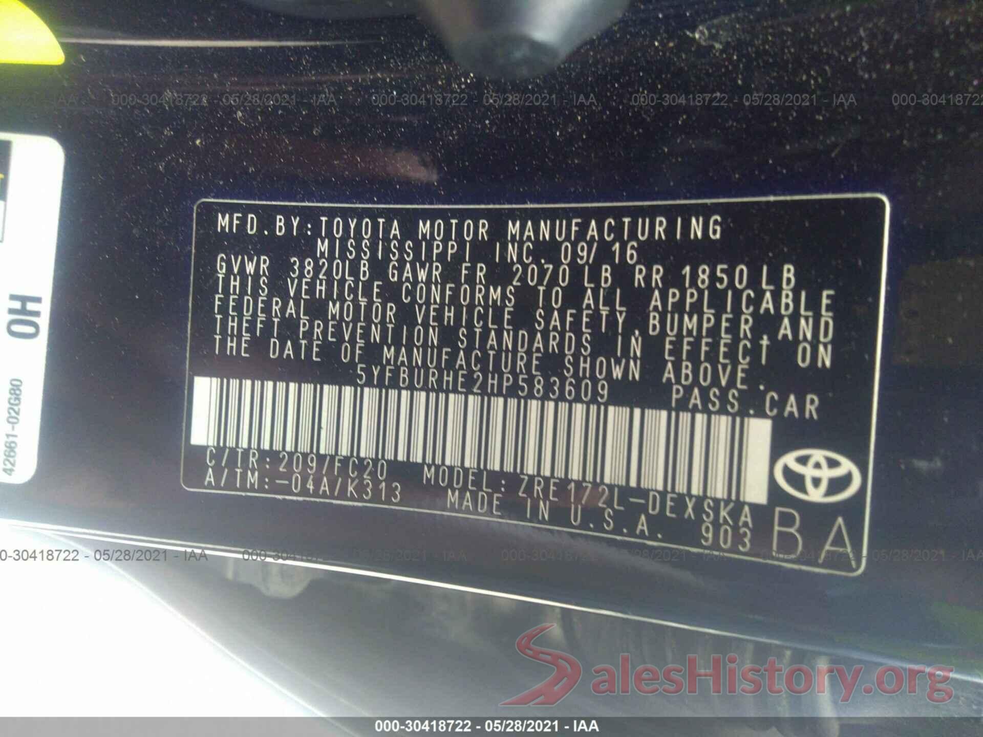 5YFBURHE2HP583609 2017 TOYOTA COROLLA