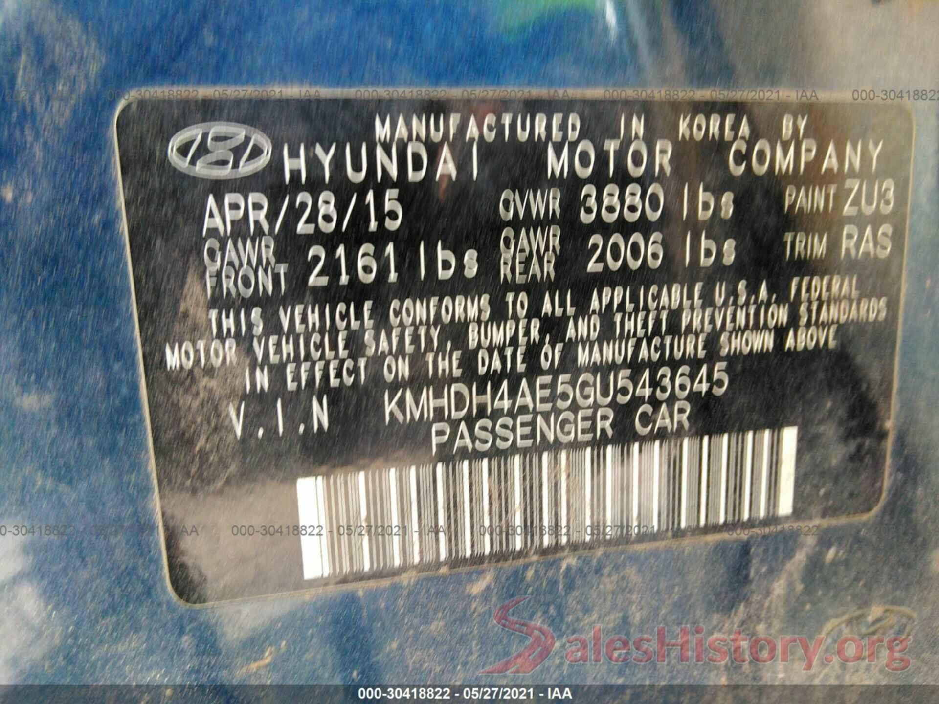 KMHDH4AE5GU543645 2016 HYUNDAI ELANTRA