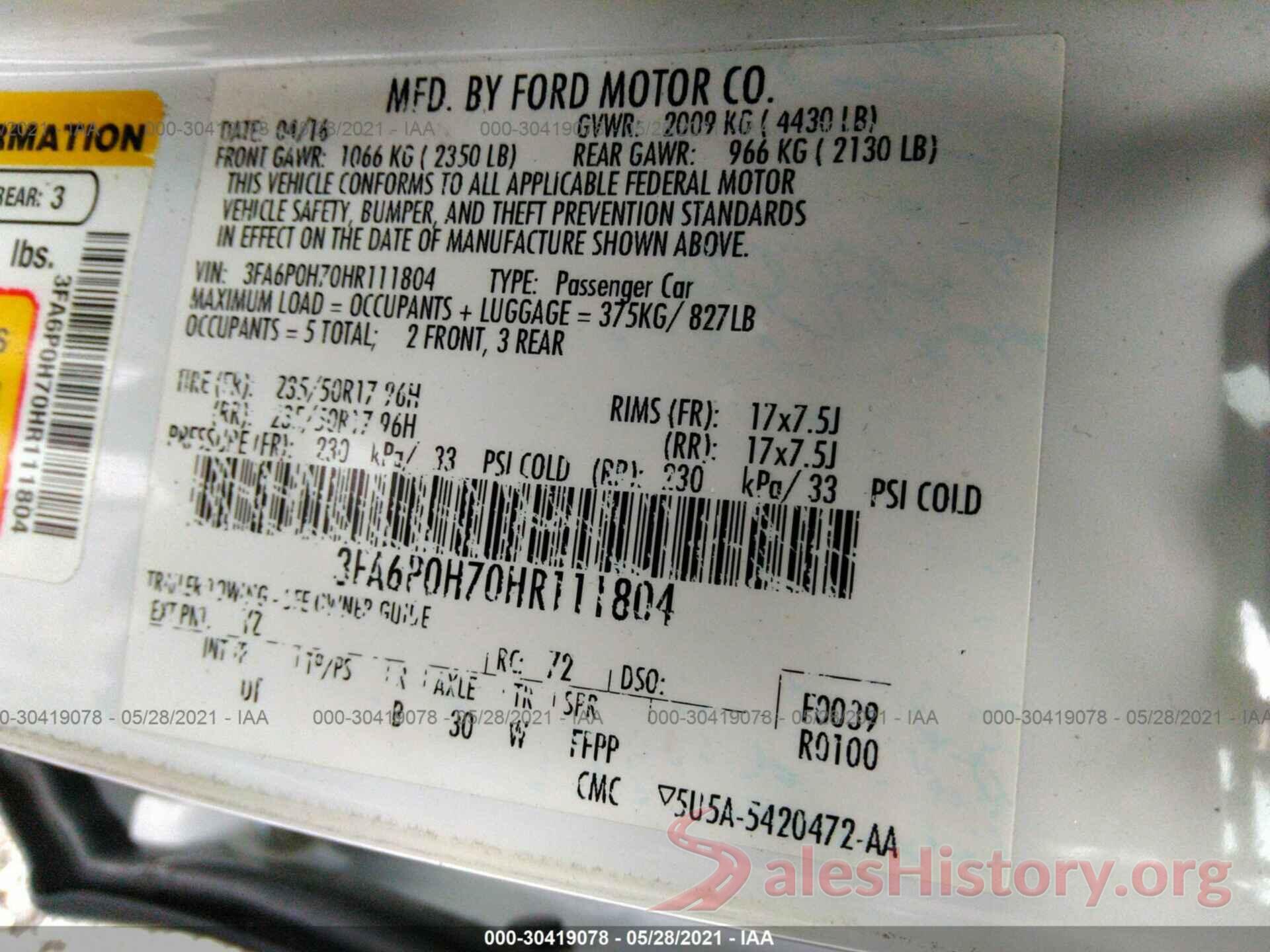 3FA6P0H70HR111804 2017 FORD FUSION