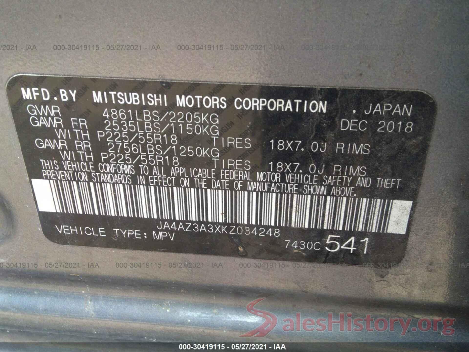 JA4AZ3A3XKZ034248 2019 MITSUBISHI OUTLANDER