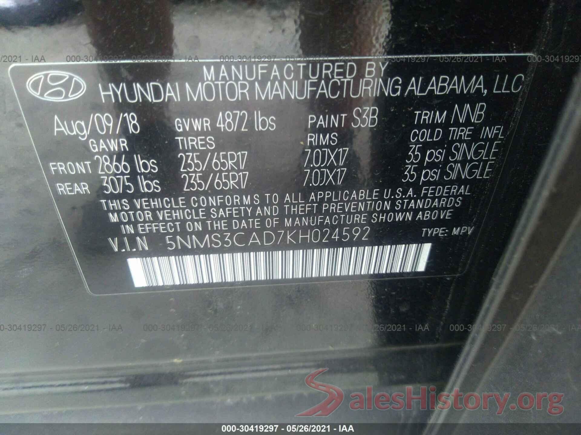 5NMS3CAD7KH024592 2019 HYUNDAI SANTA FE