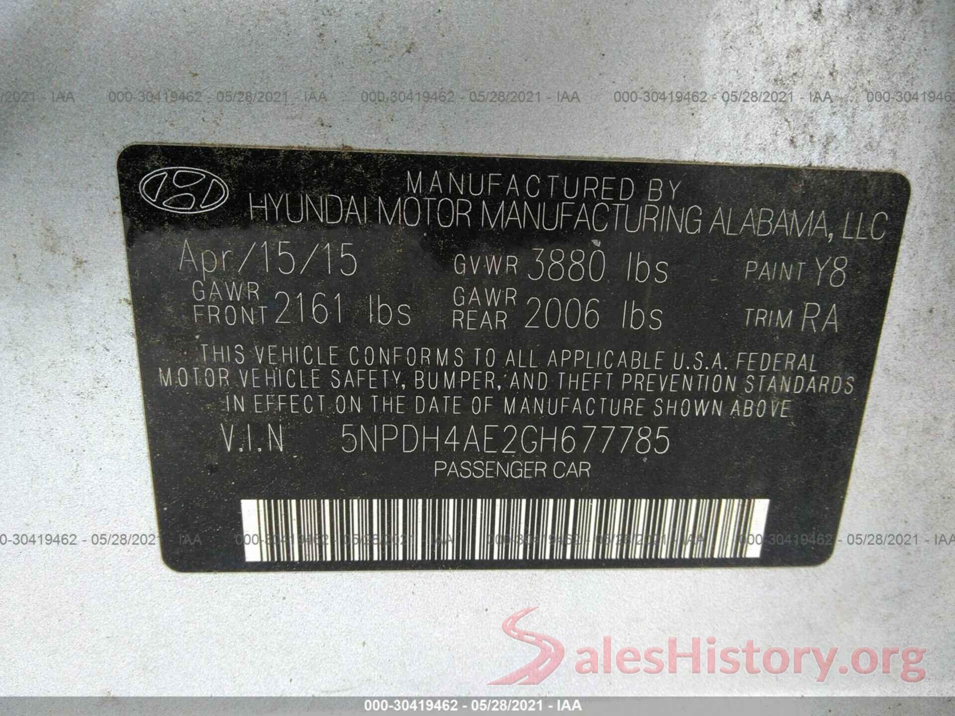 5NPDH4AE2GH677785 2016 HYUNDAI ELANTRA