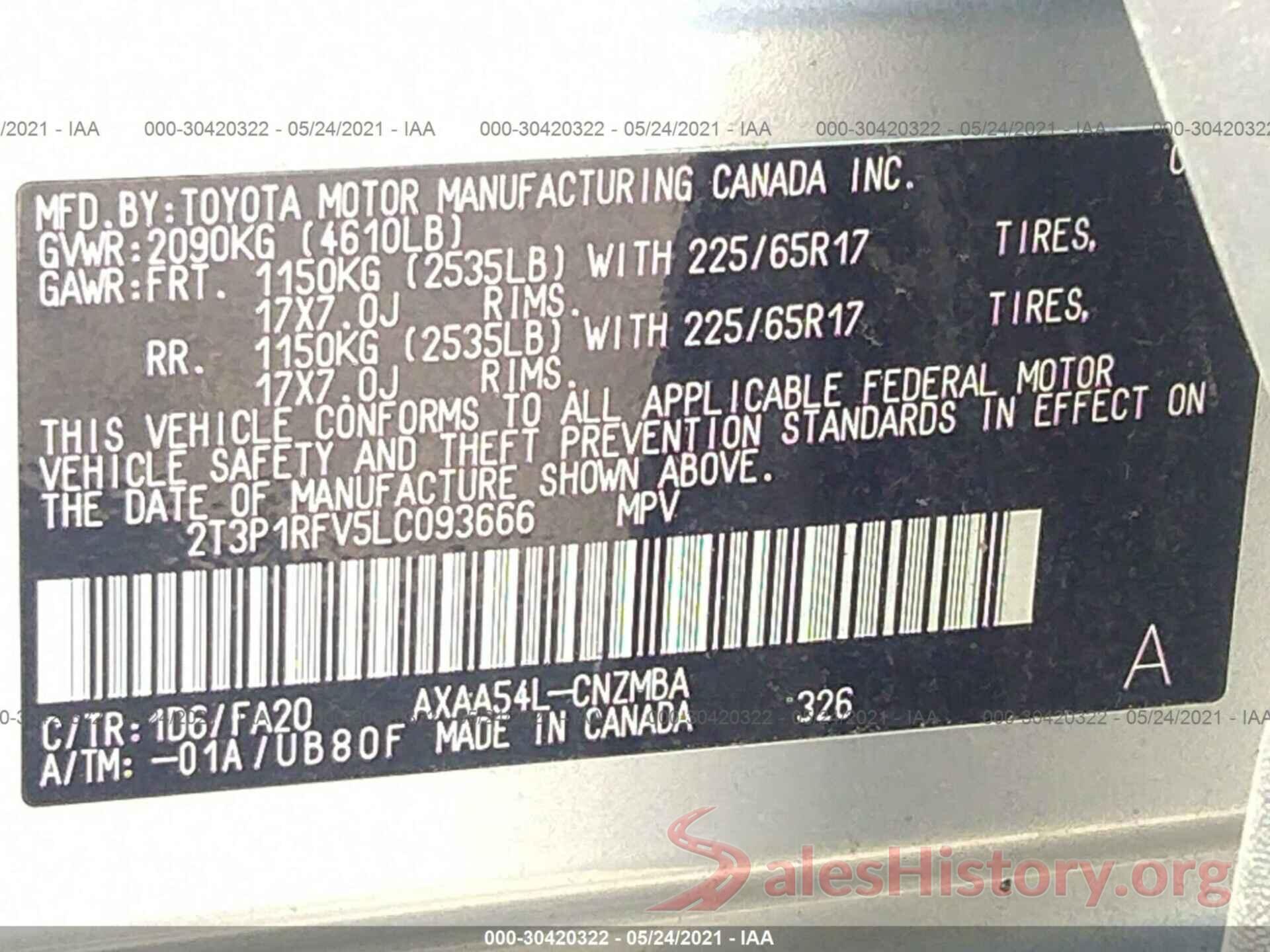 2T3P1RFV5LC093666 2020 TOYOTA RAV4