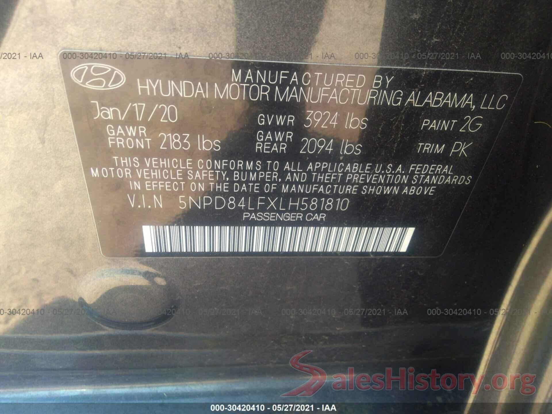 5NPD84LFXLH581810 2020 HYUNDAI ELANTRA