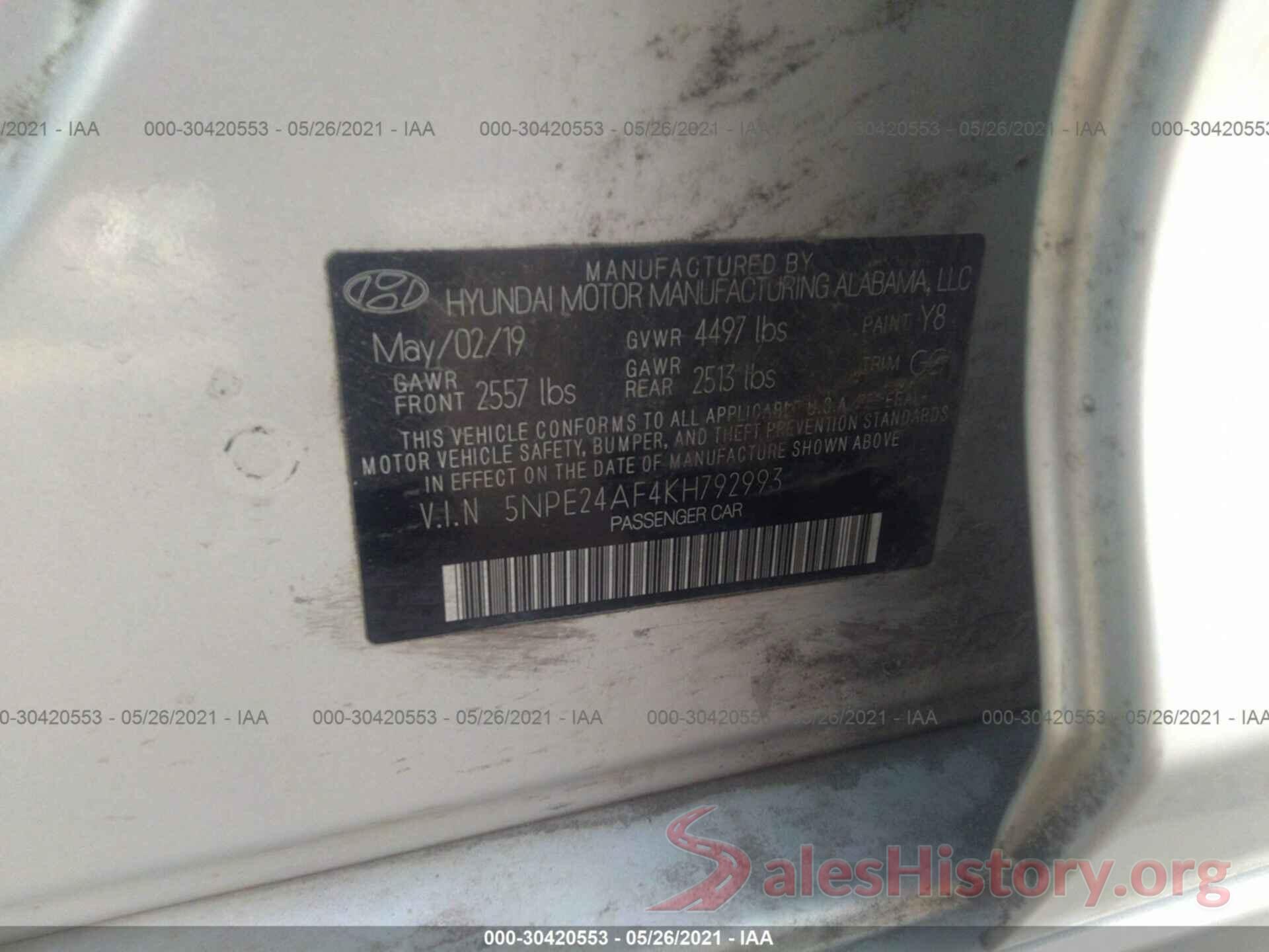 5NPE24AF4KH792993 2019 HYUNDAI SONATA