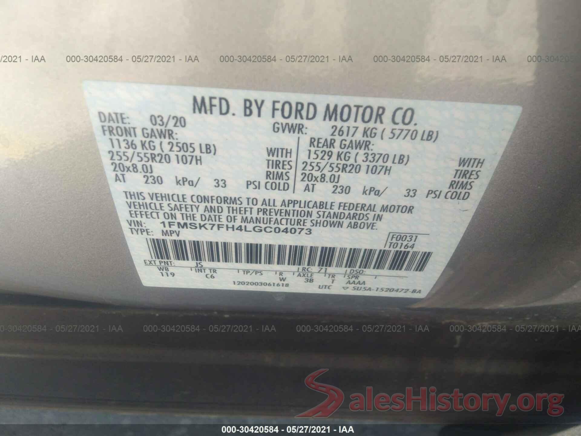 1FMSK7FH4LGC04073 2020 FORD EXPLORER