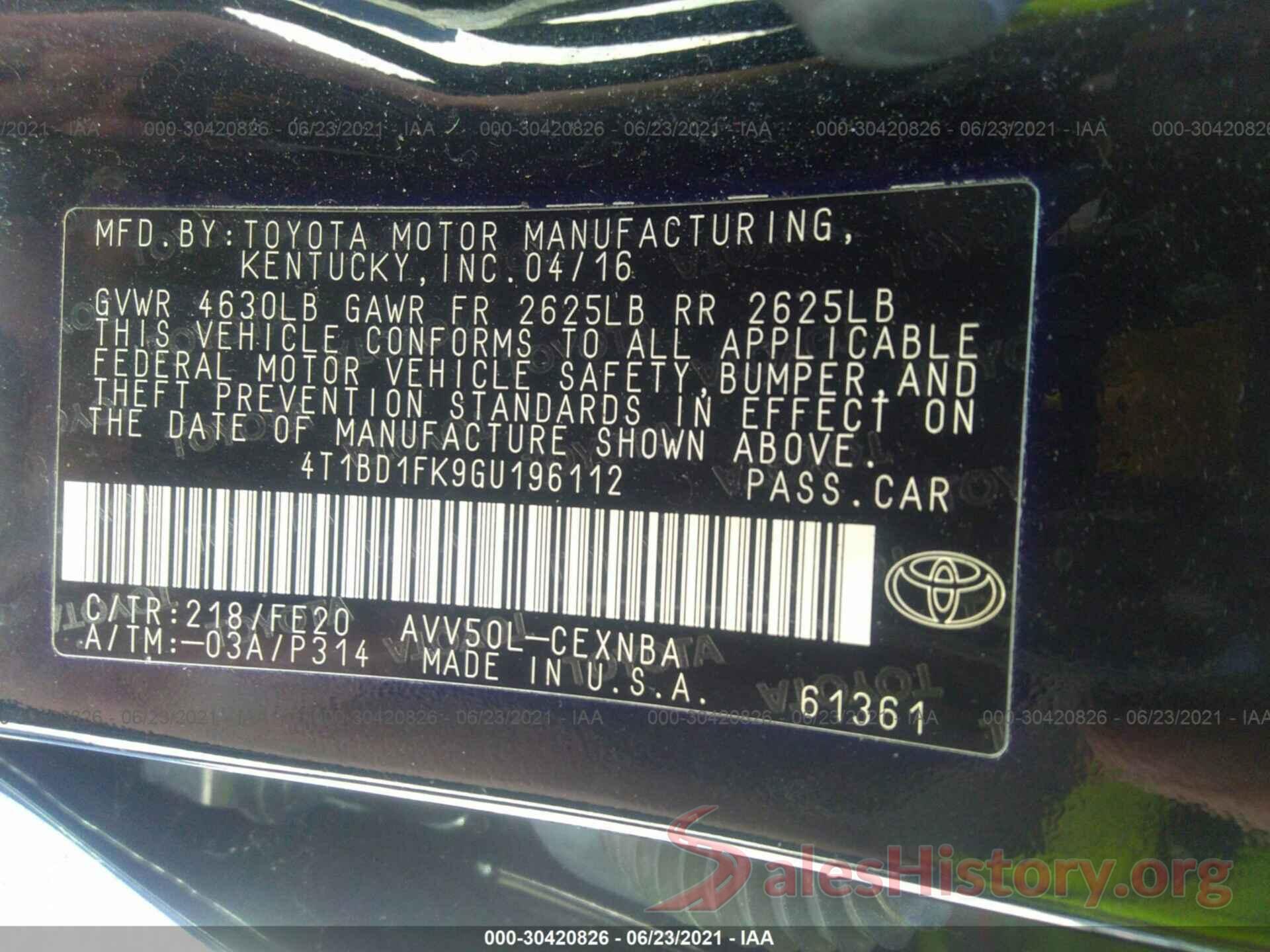 4T1BD1FK9GU196112 2016 TOYOTA CAMRY HYBRID