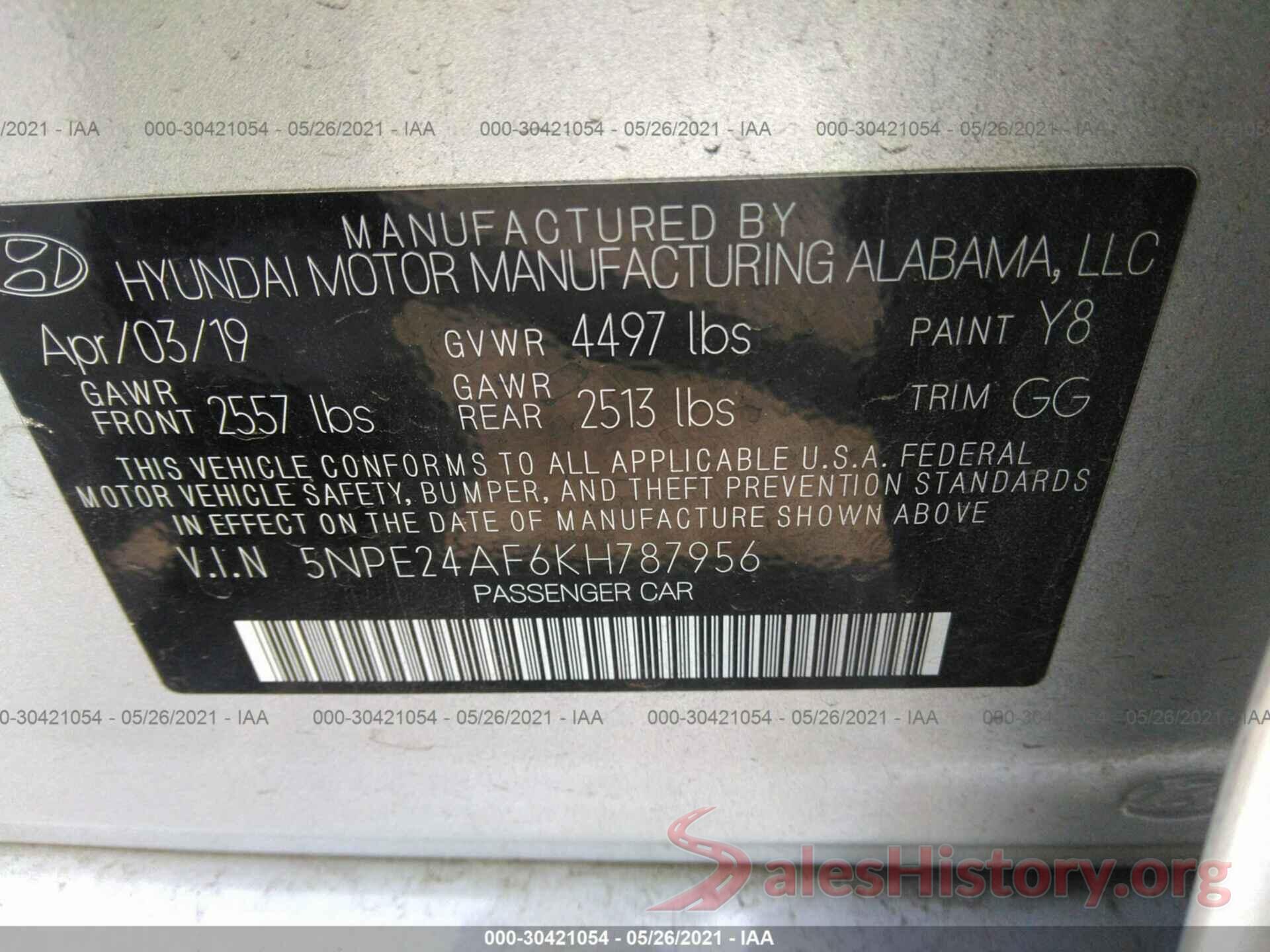 5NPE24AF6KH787956 2019 HYUNDAI SONATA