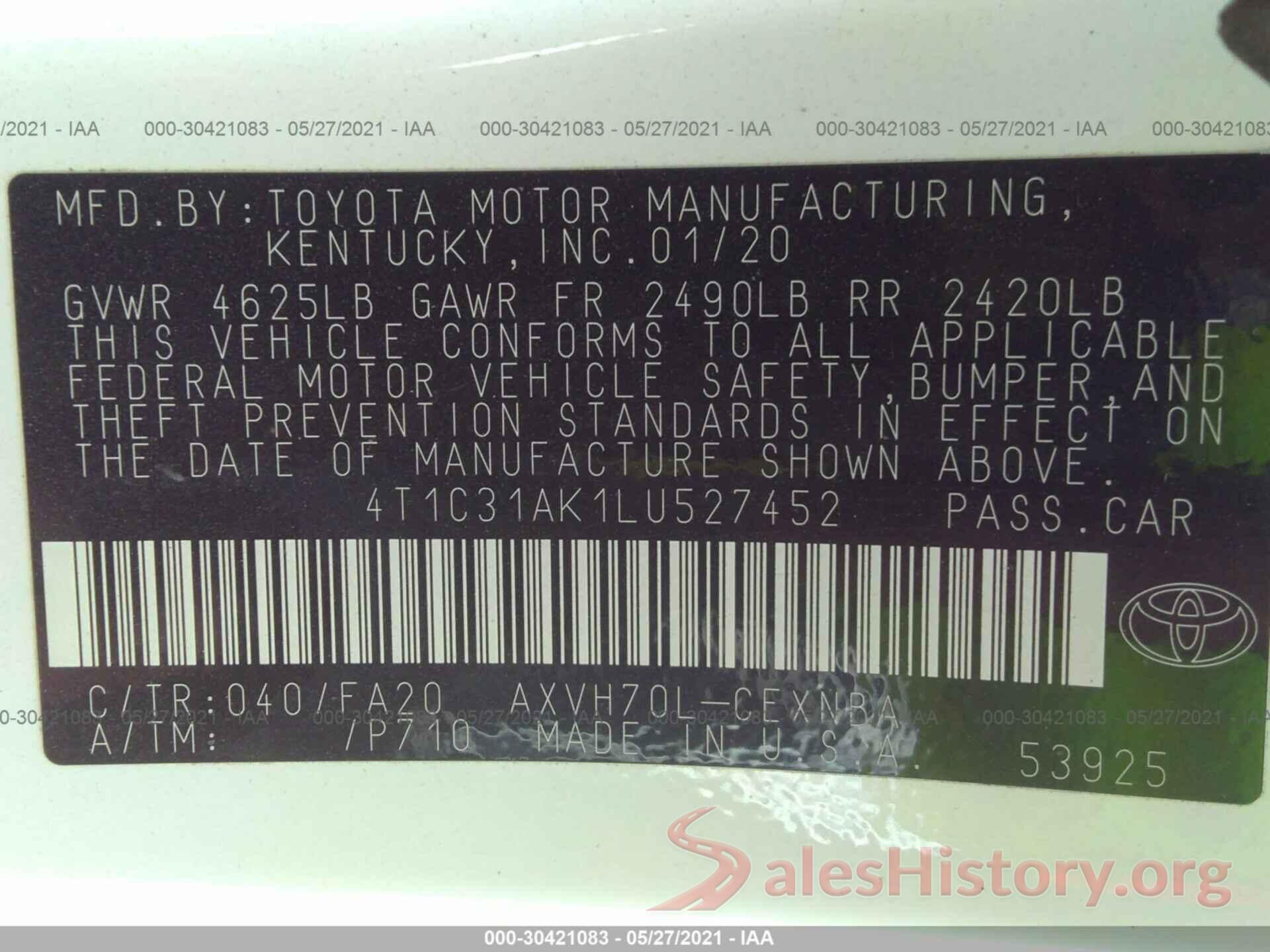 4T1C31AK1LU527452 2020 TOYOTA CAMRY