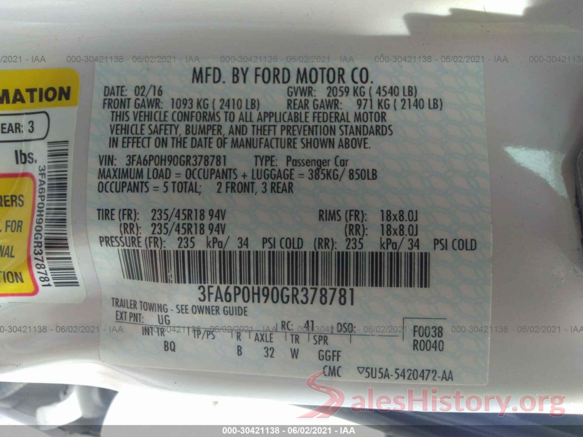 3FA6P0H90GR378781 2016 FORD FUSION