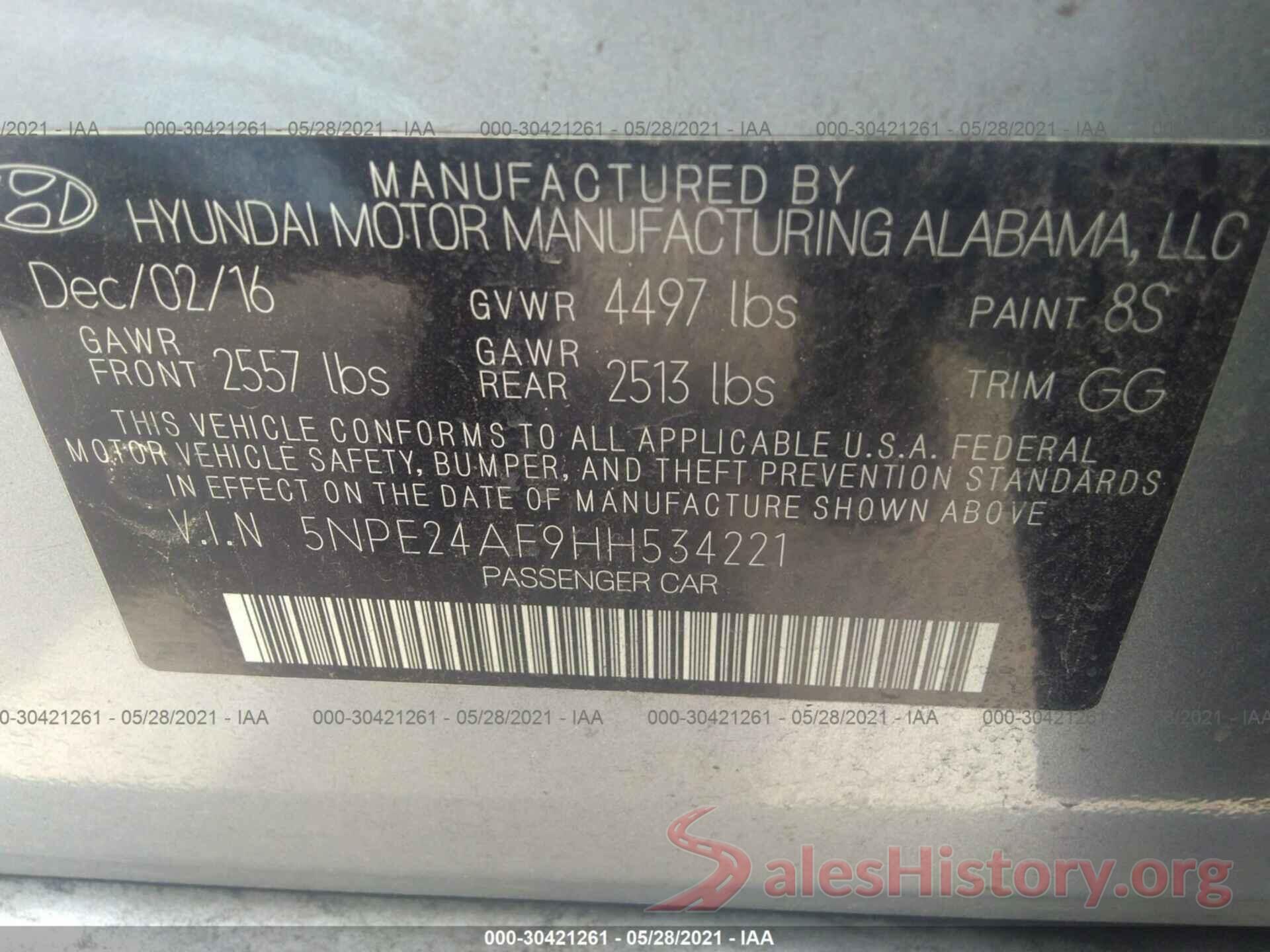 5NPE24AF9HH534221 2017 HYUNDAI SONATA