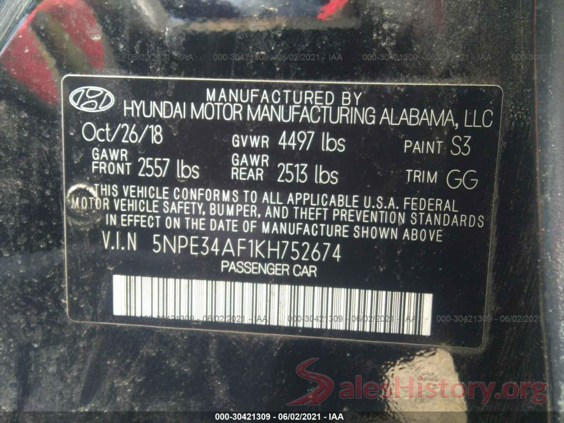 5NPE34AF1KH752674 2019 HYUNDAI SONATA