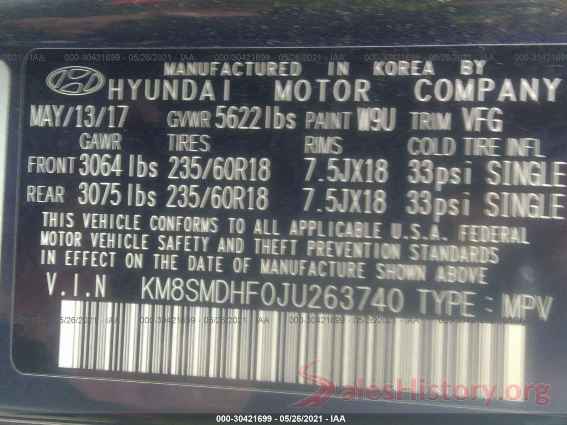 KM8SMDHF0JU263740 2018 HYUNDAI SANTA FE