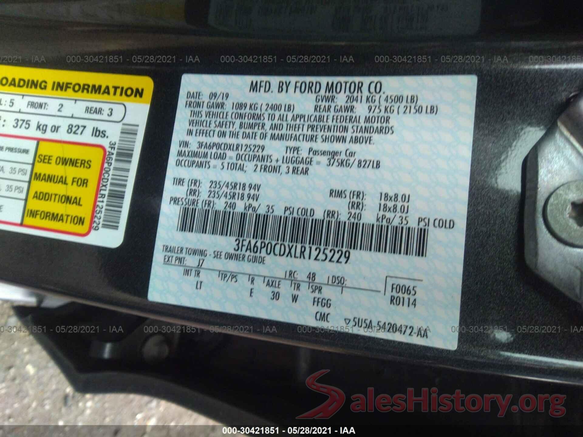 3FA6P0CDXLR125229 2020 FORD FUSION