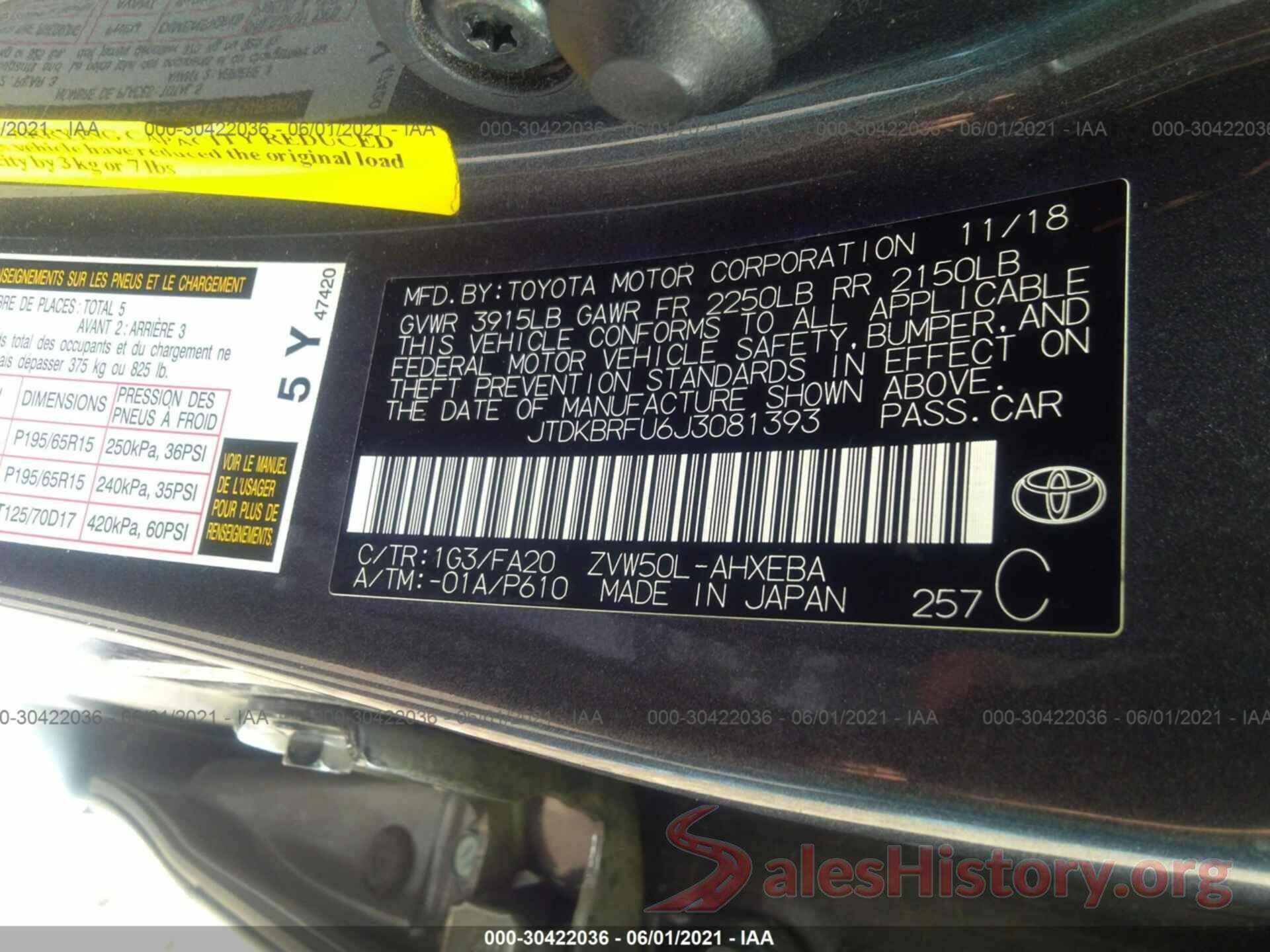 JTDKBRFU6J3081393 2018 TOYOTA PRIUS