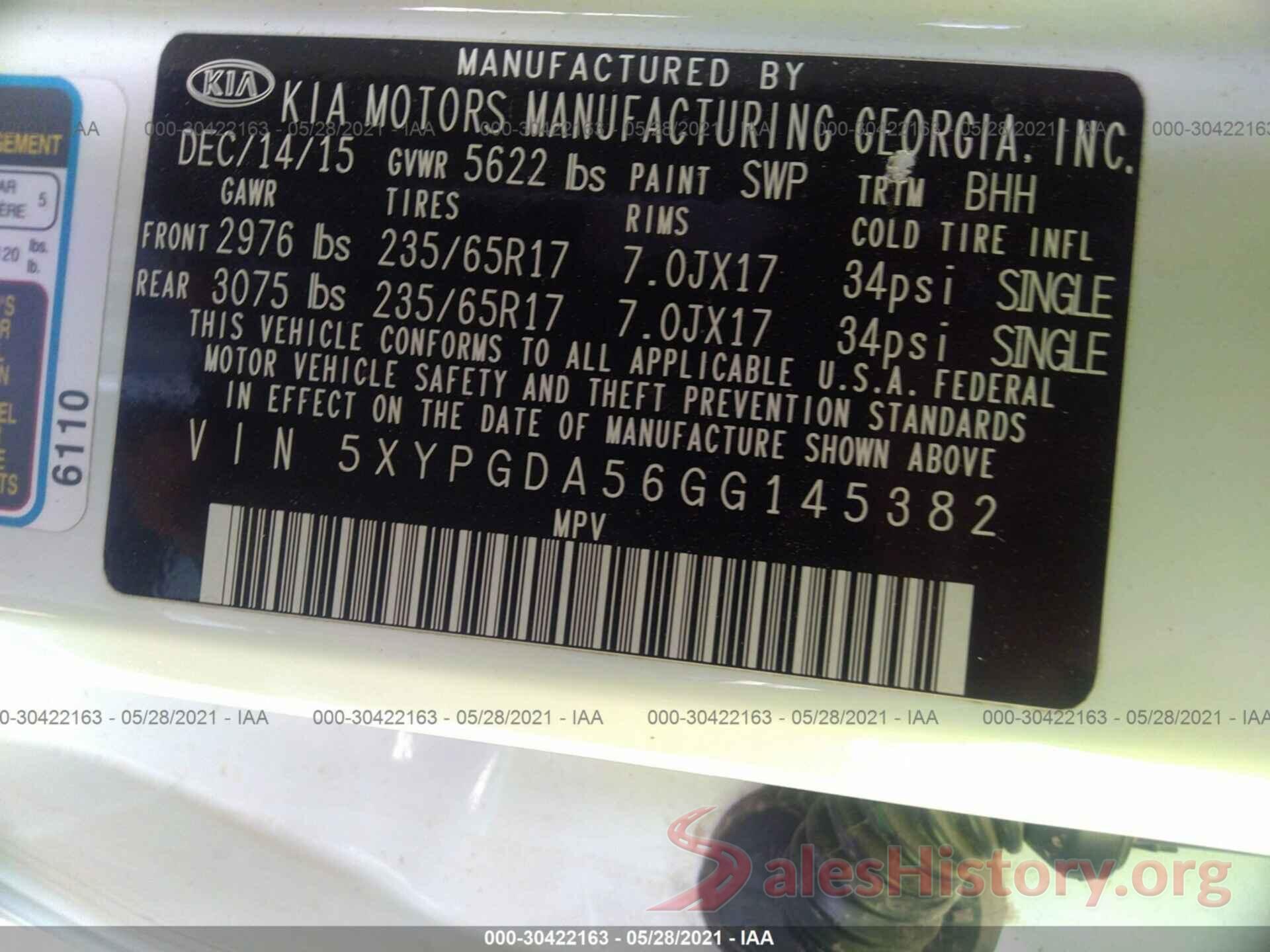 5XYPGDA56GG145382 2016 KIA SORENTO