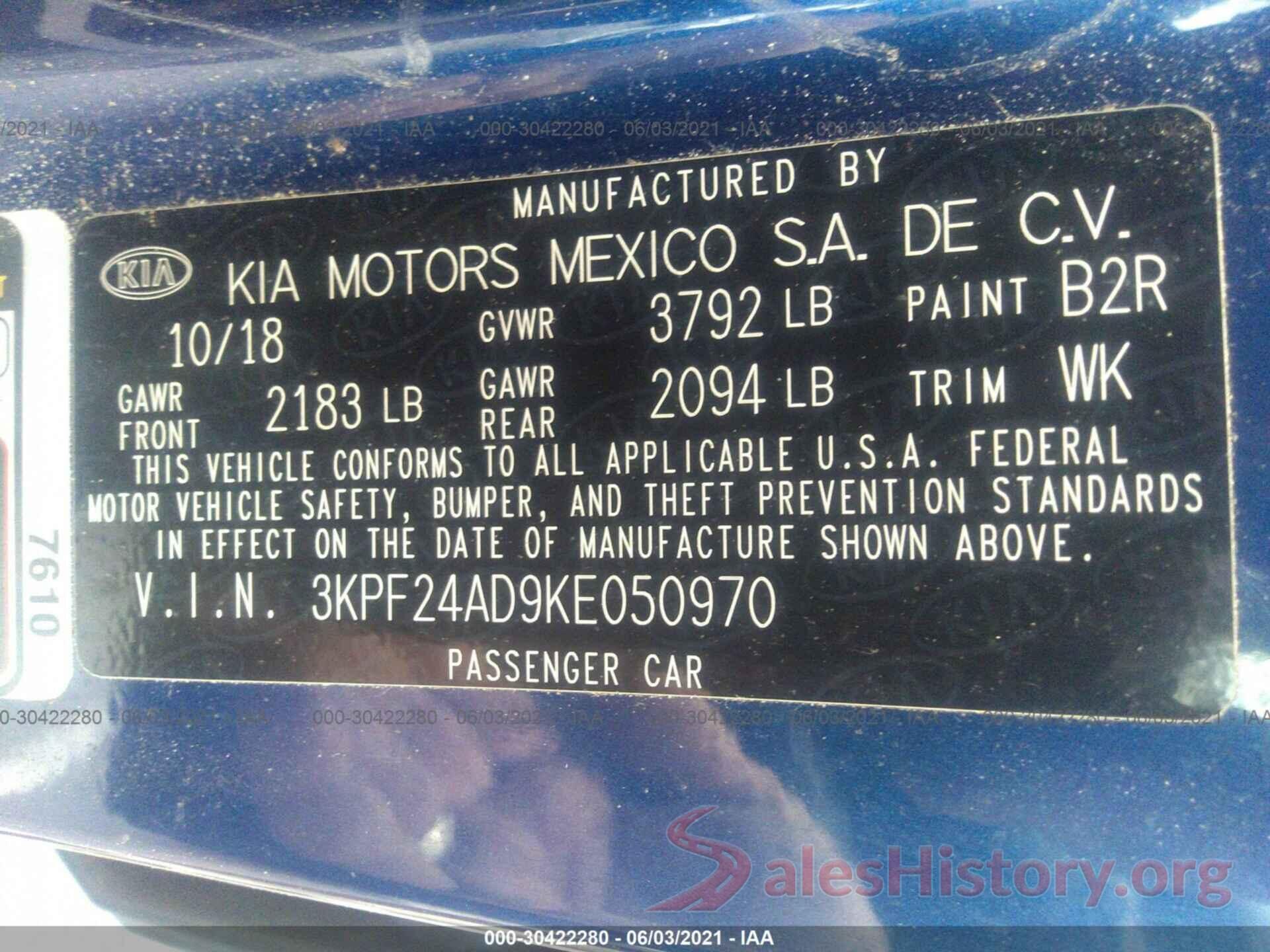 3KPF24AD9KE050970 2019 KIA FORTE