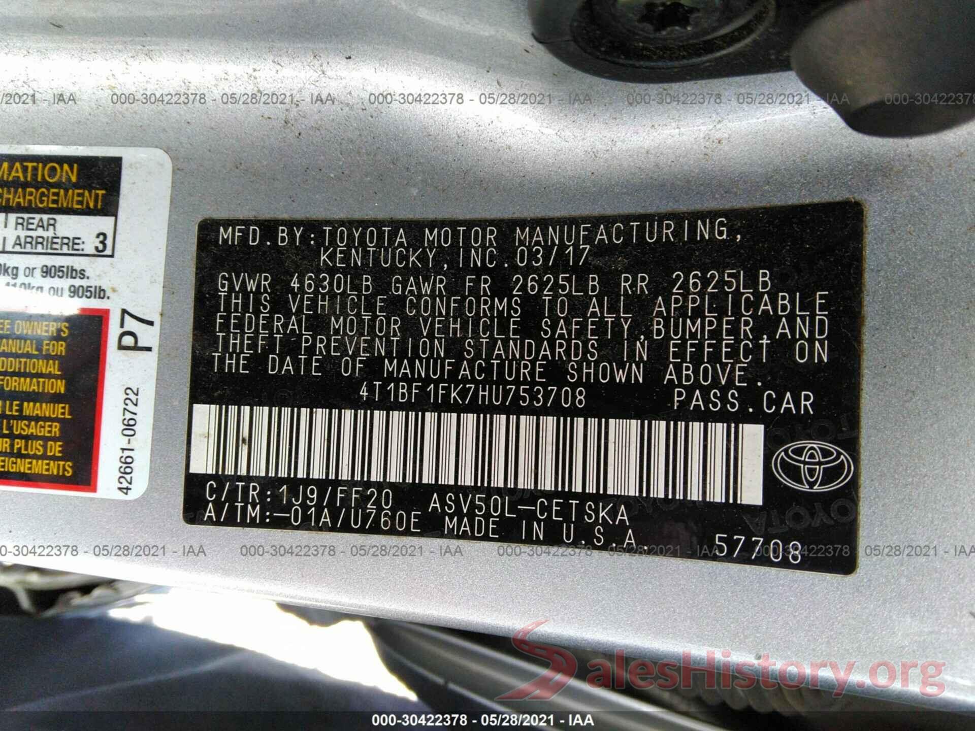 4T1BF1FK7HU753708 2017 TOYOTA CAMRY