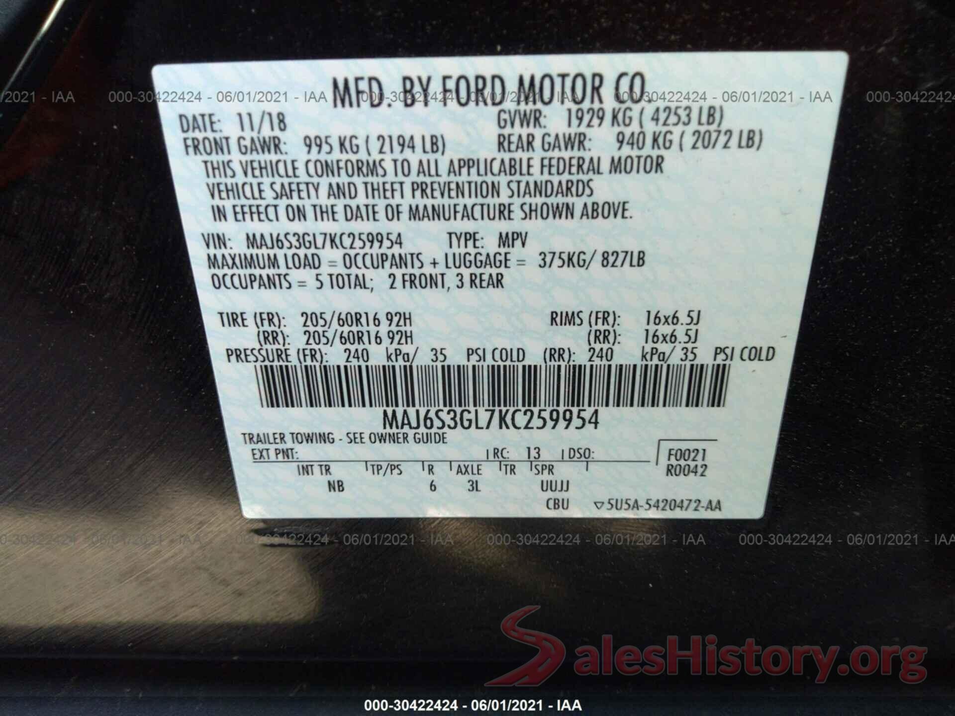 MAJ6S3GL7KC259954 2019 FORD ECOSPORT