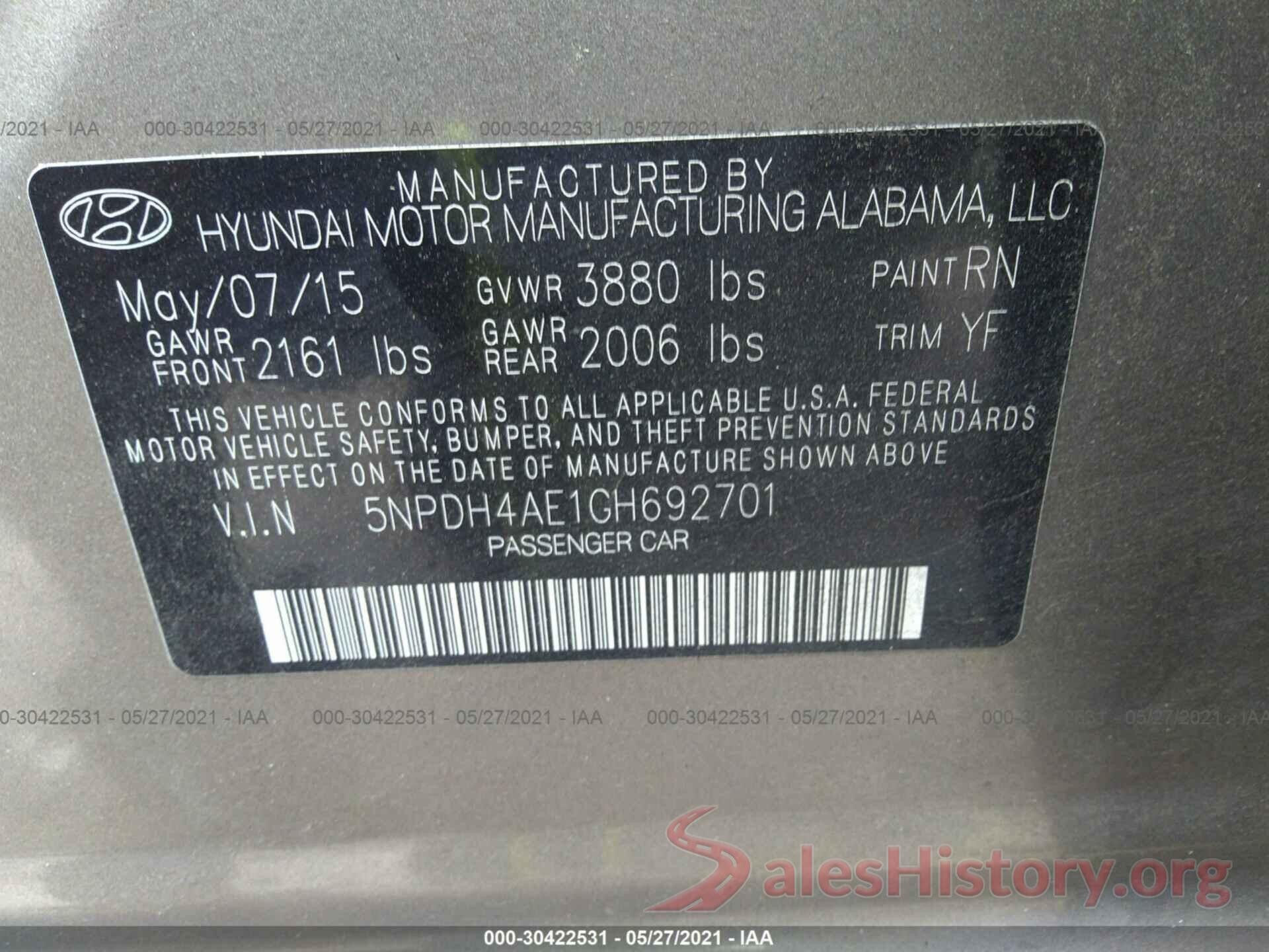 5NPDH4AE1GH692701 2016 HYUNDAI ELANTRA