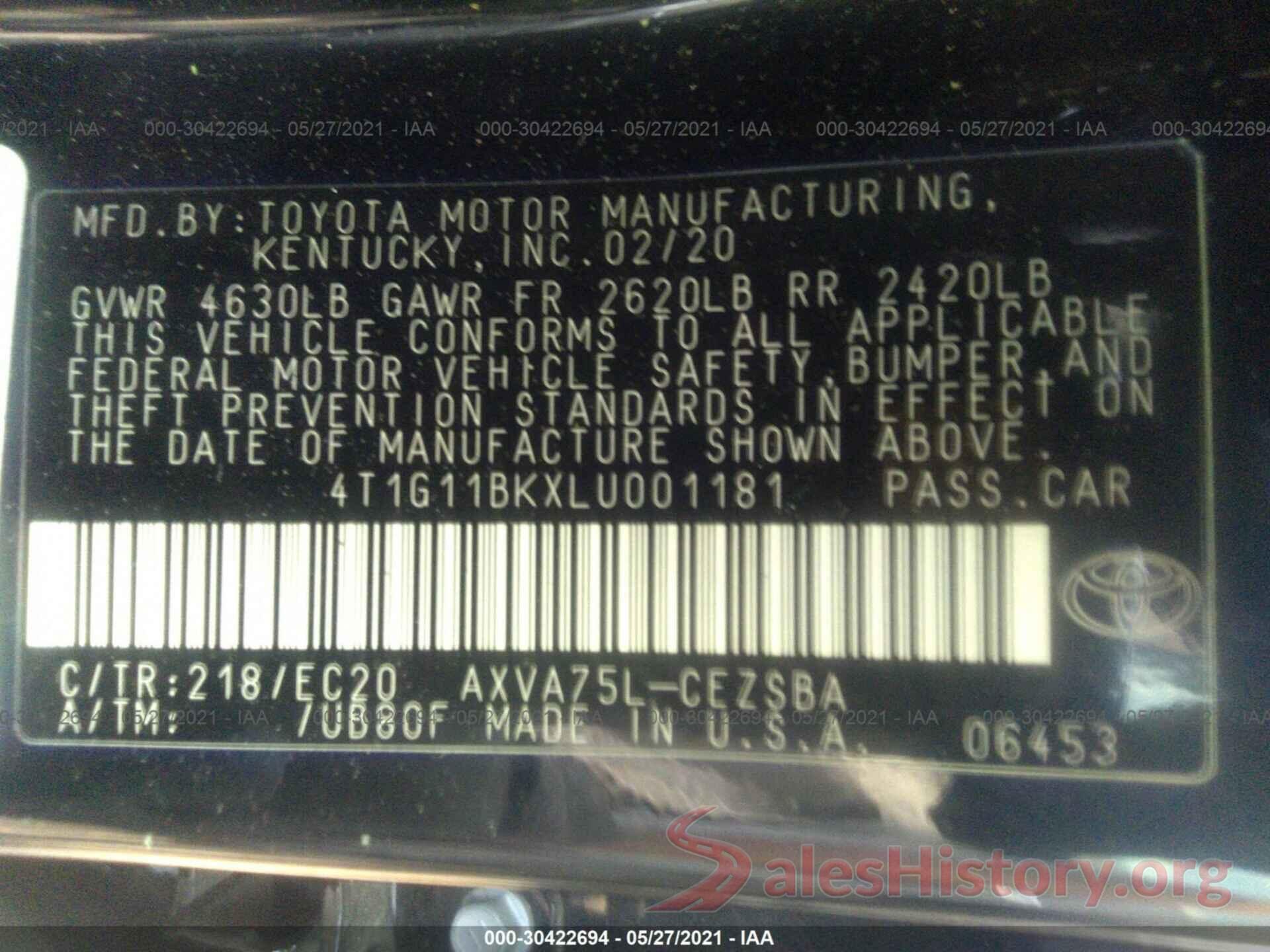 4T1G11BKXLU001181 2020 TOYOTA CAMRY