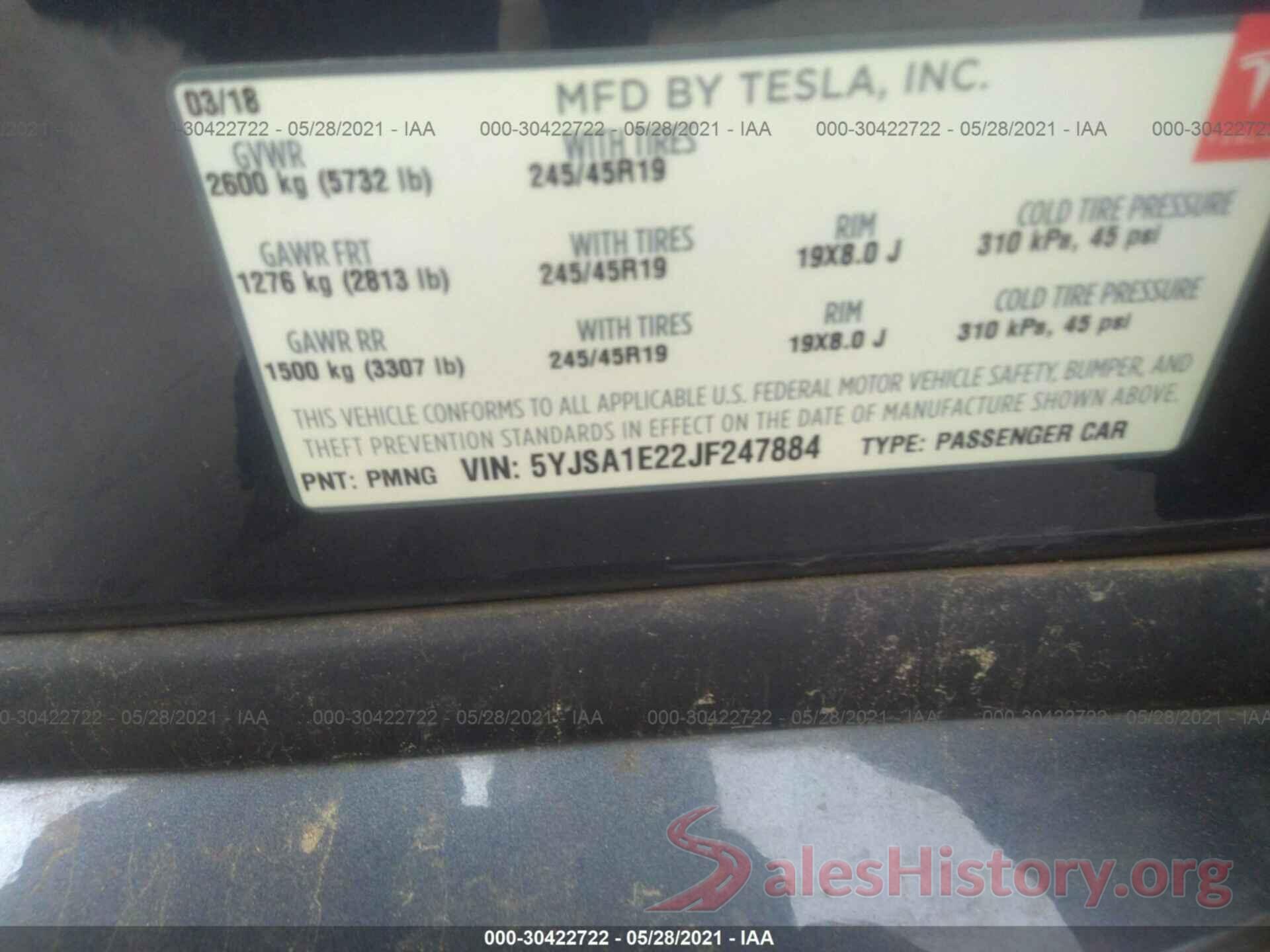 5YJSA1E22JF247884 2018 TESLA MODEL S