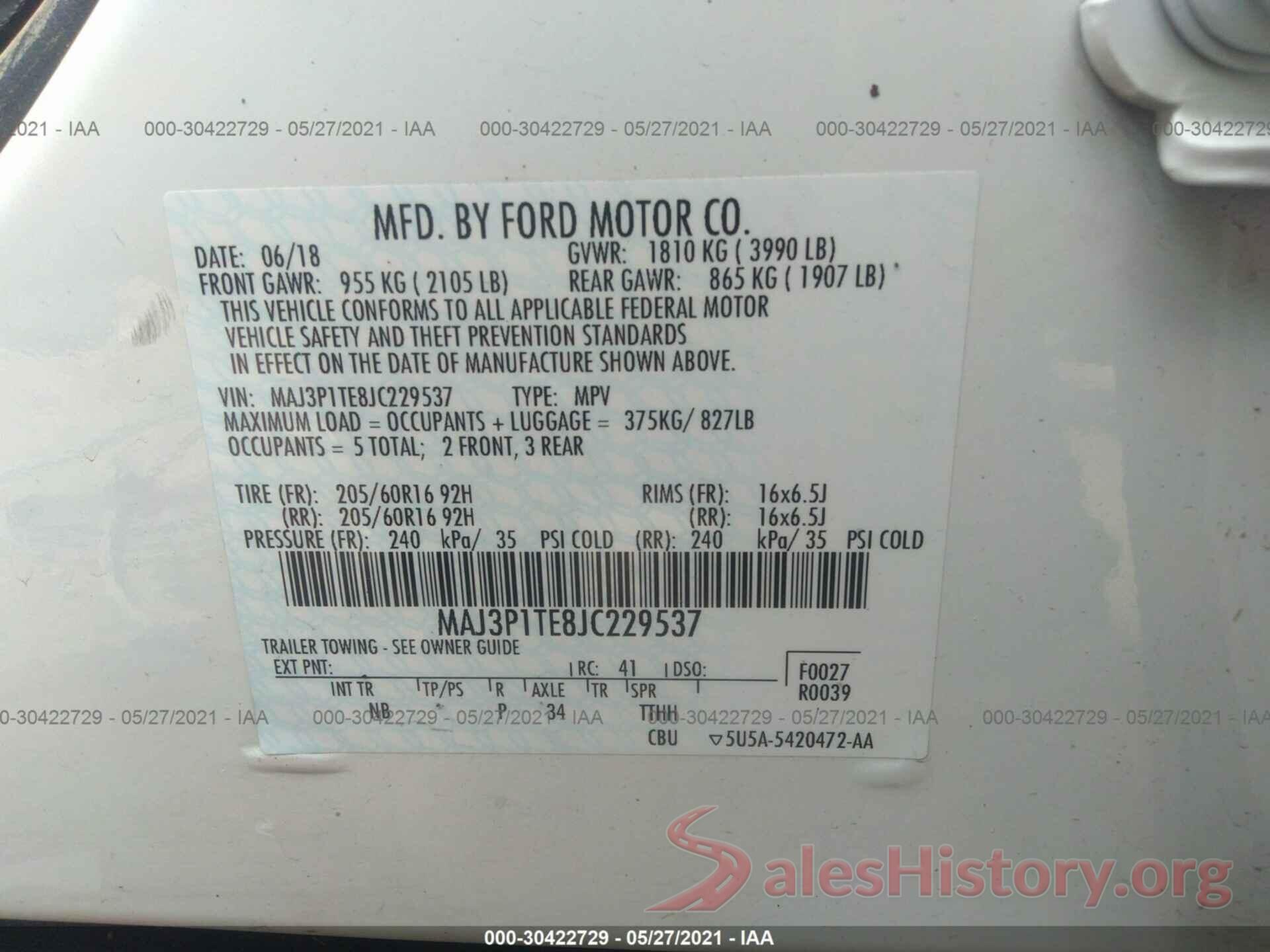 MAJ3P1TE8JC229537 2018 FORD ECOSPORT