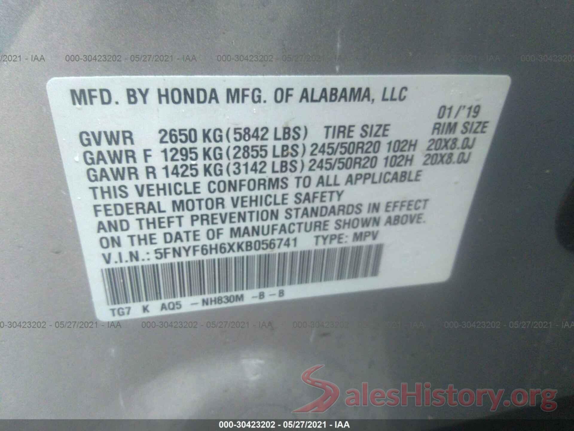 5FNYF6H6XKB056741 2019 HONDA PILOT