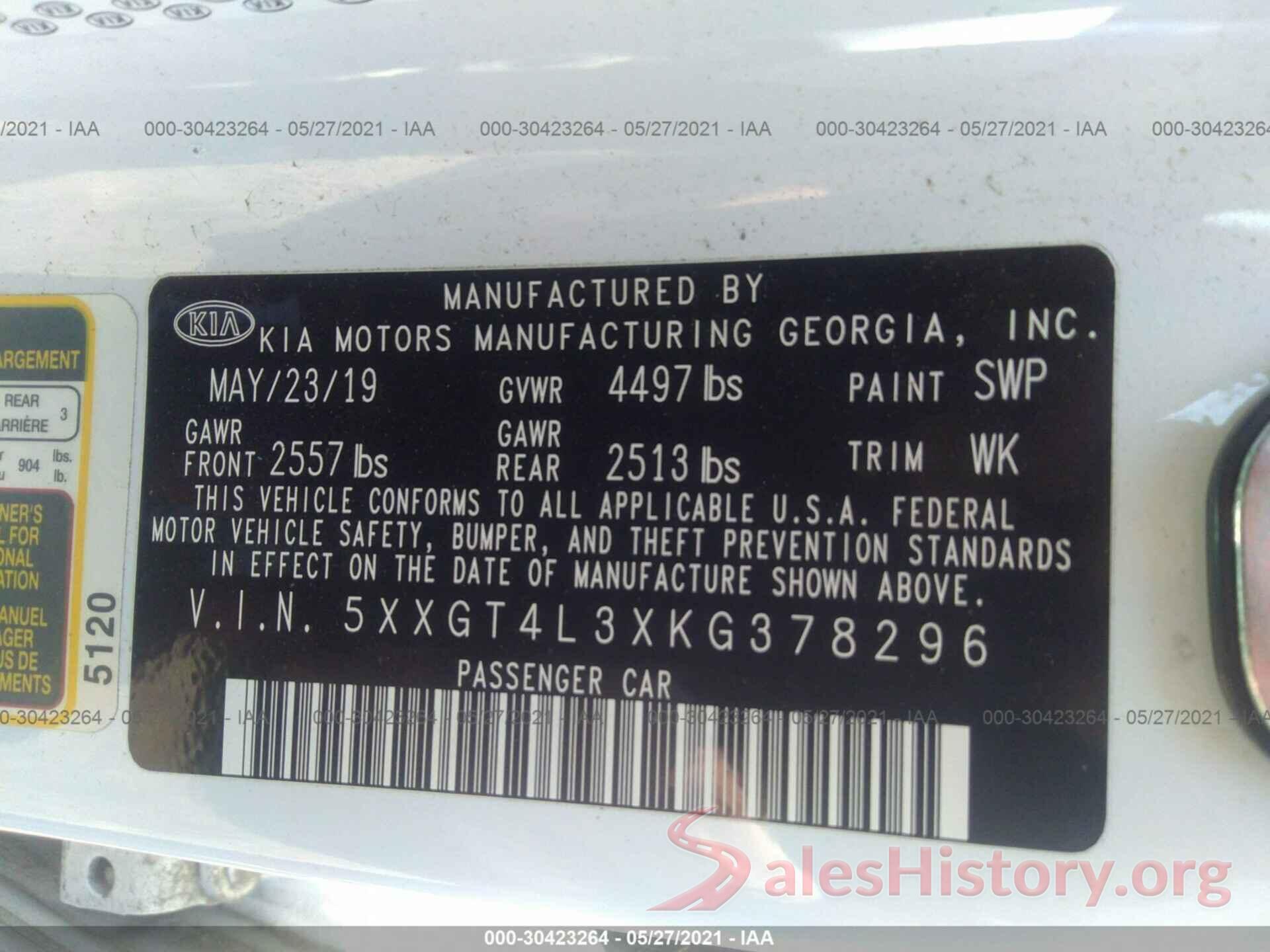 5XXGT4L3XKG378296 2019 KIA OPTIMA