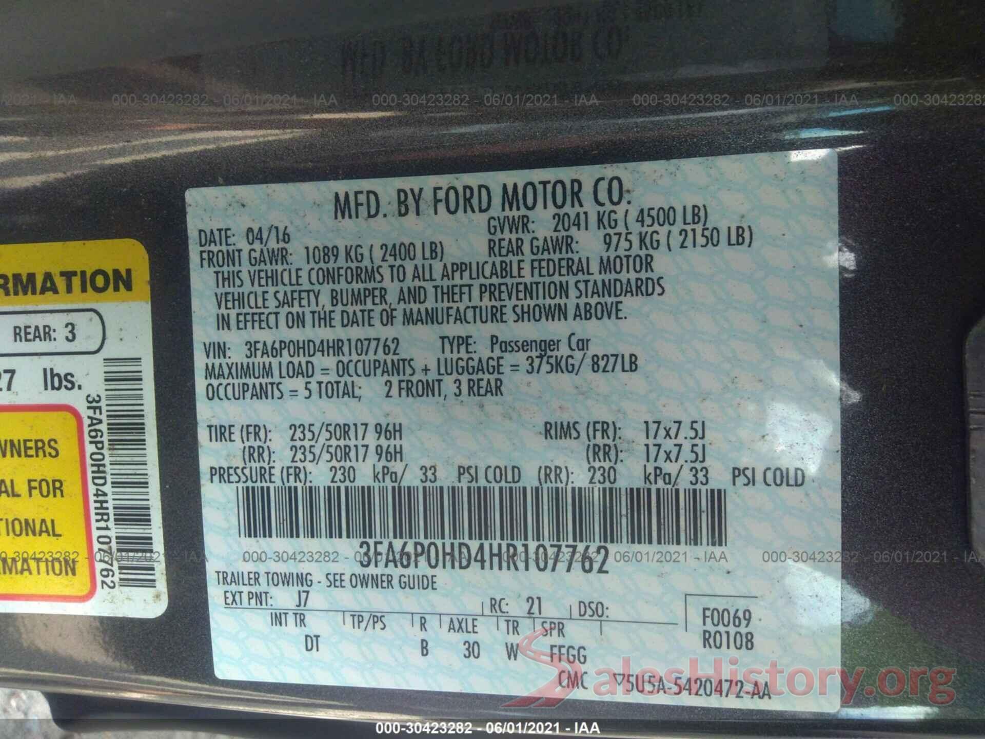 3FA6P0HD4HR107762 2017 FORD FUSION