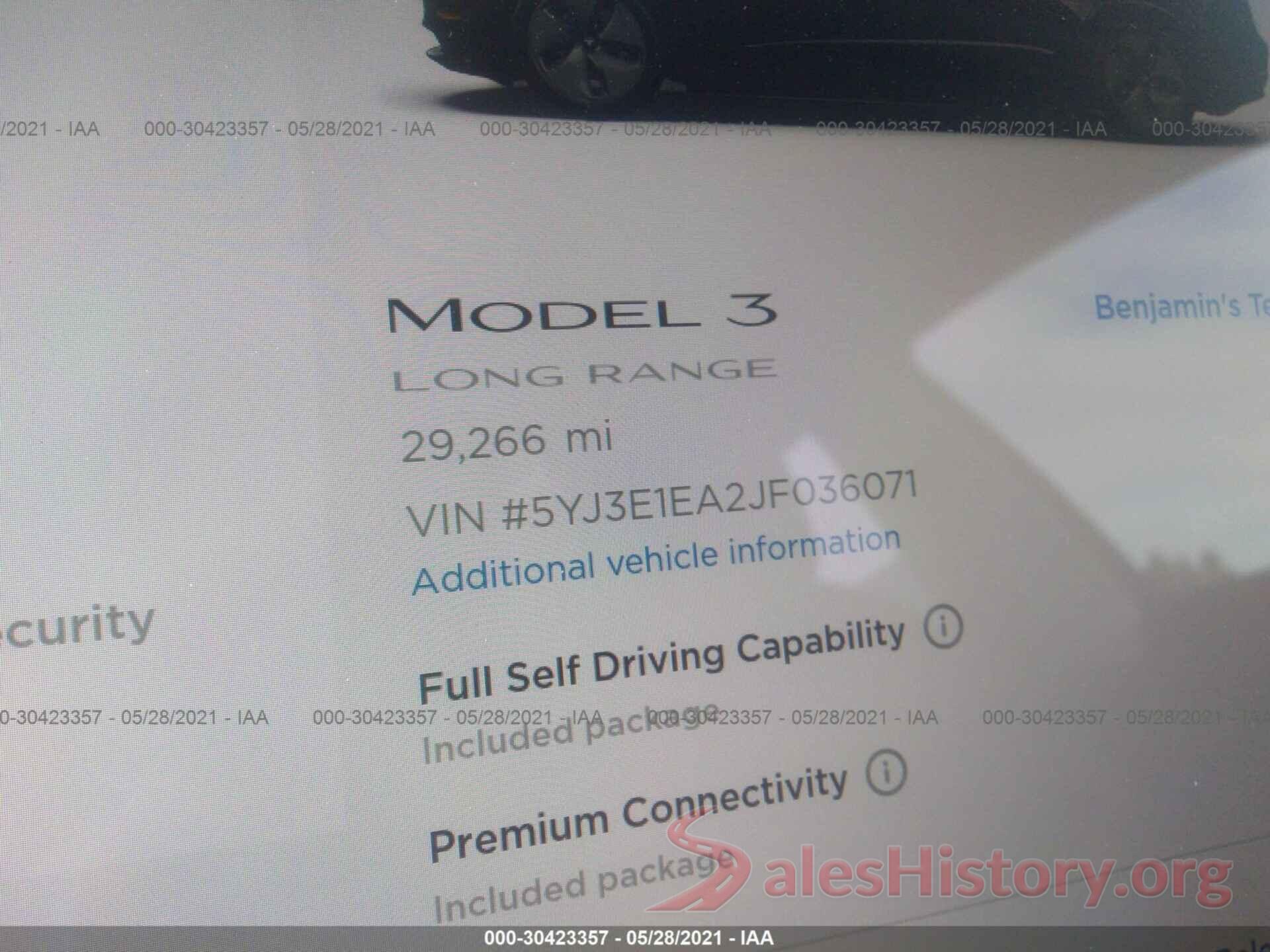 5YJ3E1EA2JF036071 2018 TESLA MODEL 3