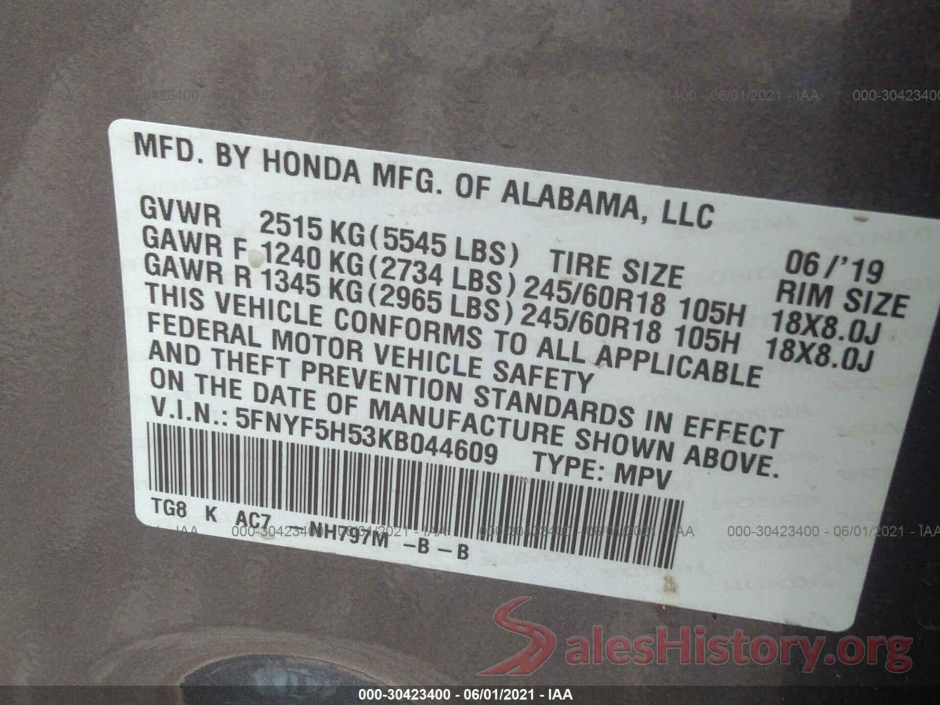 5FNYF5H53KB044609 2019 HONDA PILOT