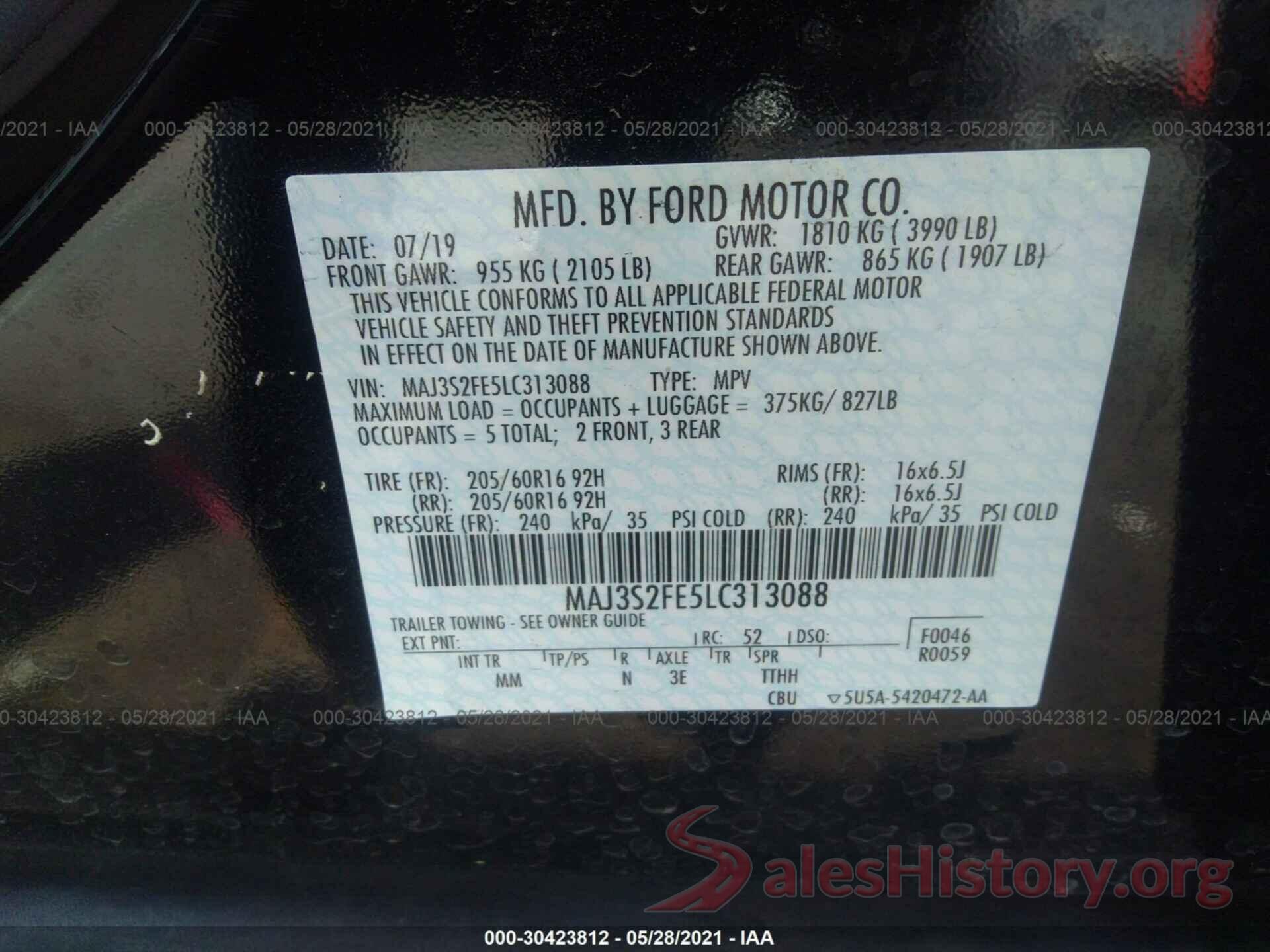 MAJ3S2FE5LC313088 2020 FORD ECOSPORT