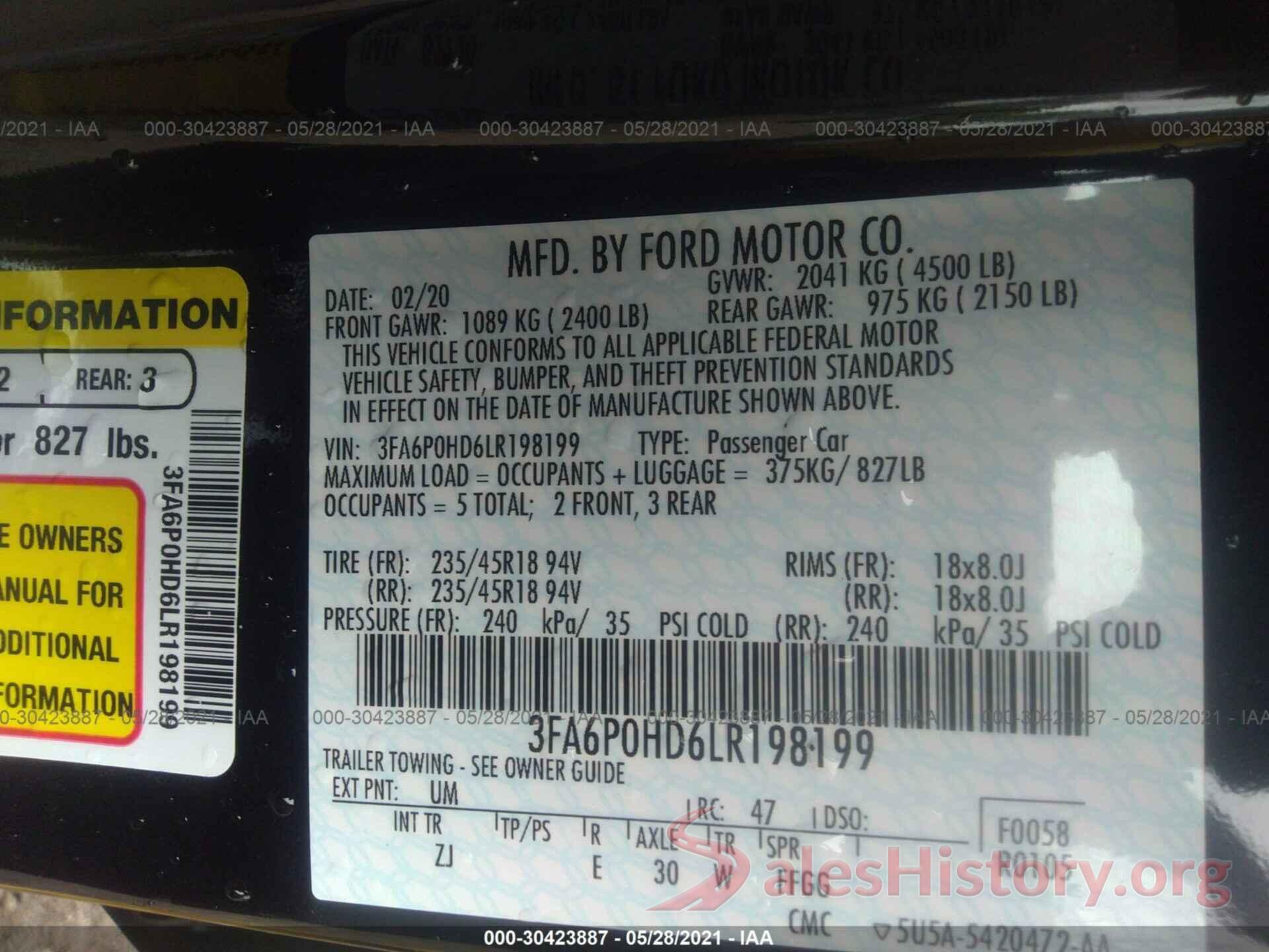 3FA6P0HD6LR198199 2020 FORD FUSION