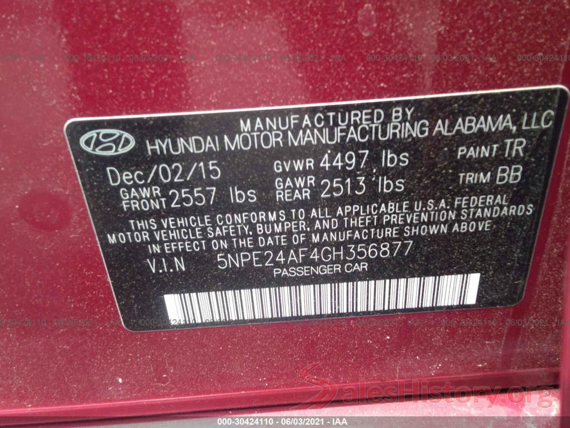 5NPE24AF4GH356877 2016 HYUNDAI SONATA